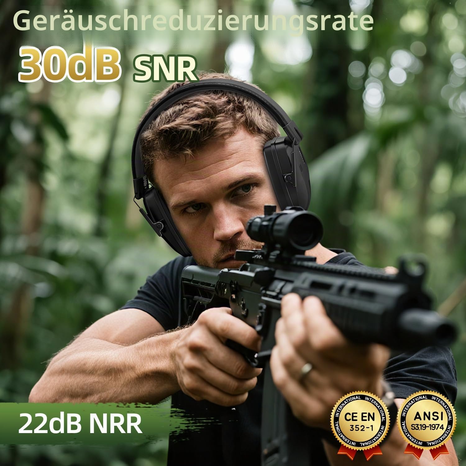 Dr.meter Elektronischer Gehörschutz, Wiederaufladbar Aktiver Gehörschutz Faltbar SNR 30dB mit Aktiver Geräuschunterdrückung & 4-fach Soundverstärkung für Jagd und Schießsport - Schwarz