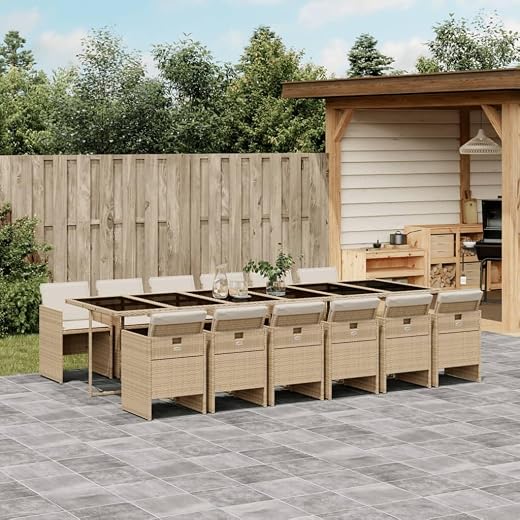 13 Piece Patio Dining Set with Cushions Beige Poly Rattan,Outdoor Dining Set with Folding Chairs and UVResistant Cushions for Garden, Patio, or Backyard Patio Furniture Sets, Outdoor Furniture Sets