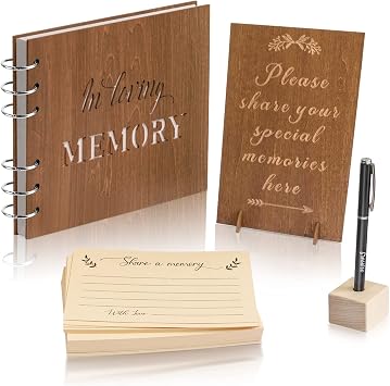 Creawoo Wooden Funeral Guest Book for Memorial Service Celebration of Life Decorations, Hardcover In Loving Memory Guestbook Set with White Pages, Included Share a Memory Cards, Table Sign, Pen 8.5"