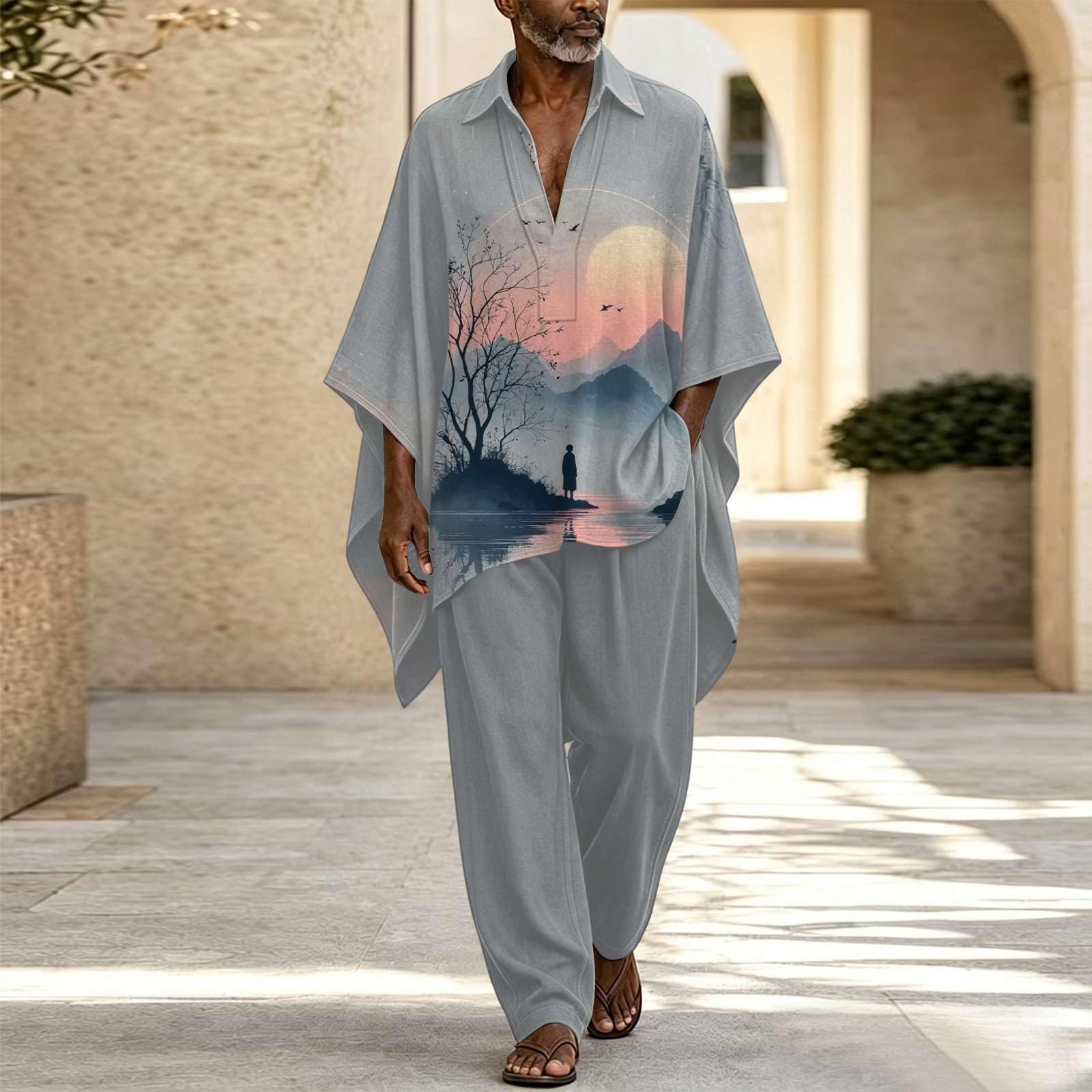 Herren Set Ethno Oberteil und Hose Boho Kaftan Tunika Vintage Loose Retro
