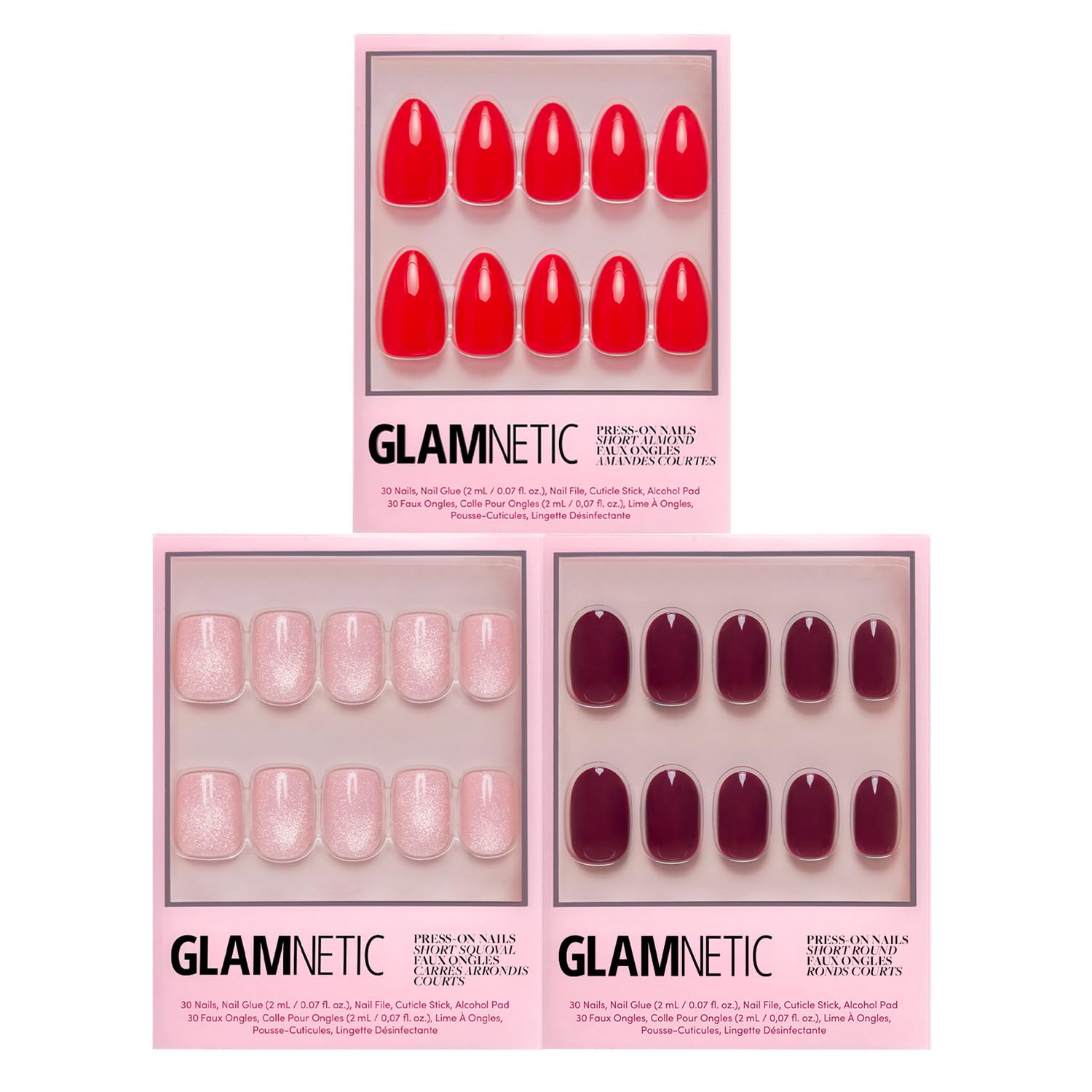 Glamnetic Press-On Nails Bundle - Pinky Promise, Berry Maroon & Fiery Red | Glossy, Velvet Squoval Fake Nails | Dark Red Round False Nails | Bright Red Short Almond Fake Nails
