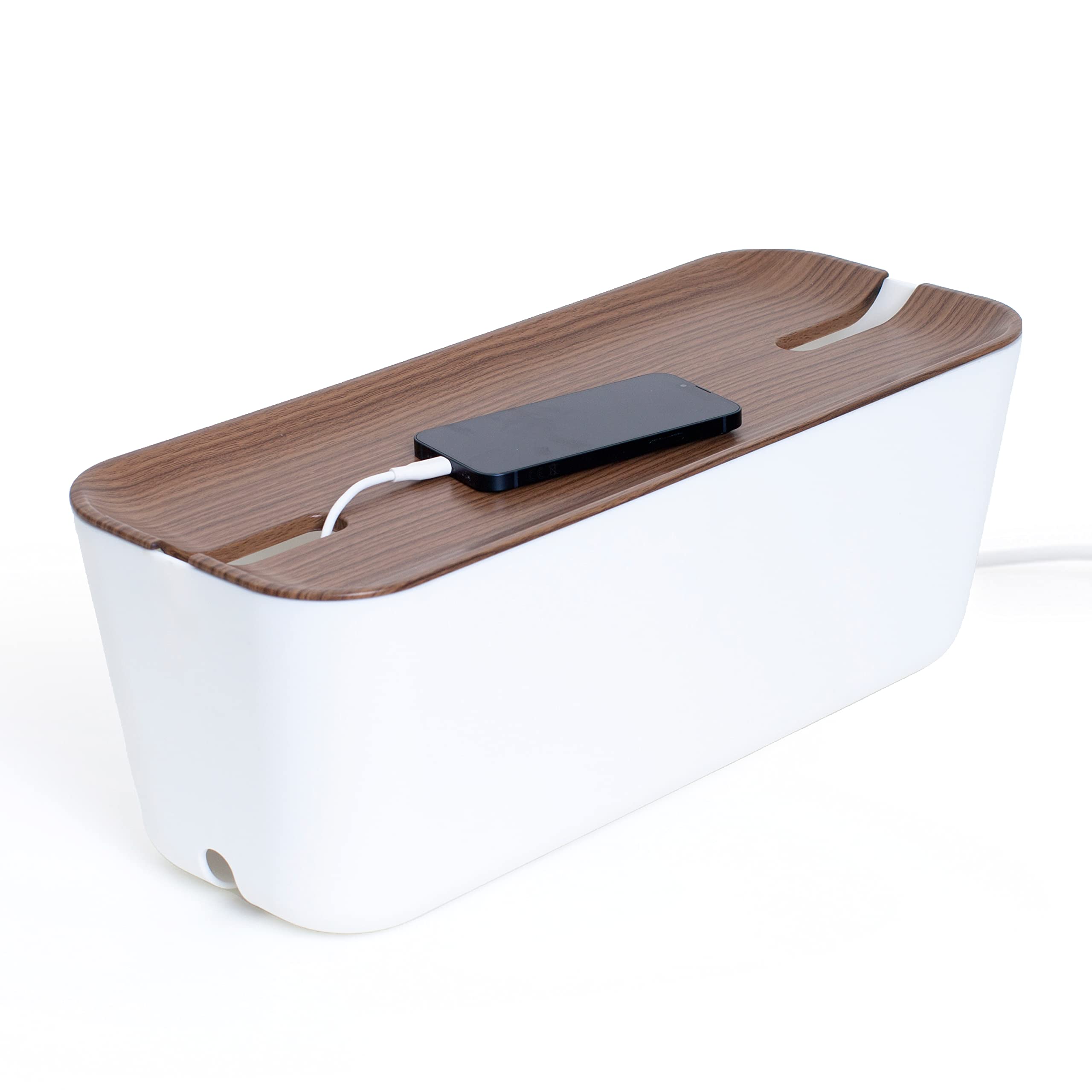 Kabelbox XL. Kabelmanagement und Ladestation. Box zum Kabel verstecken bei Kabelsalat. Flammhemmenden Kunststoff. Award-Winning Design. Weiß/Dunkelbraun Holzoptik. (45 x 18 x 17 cm)