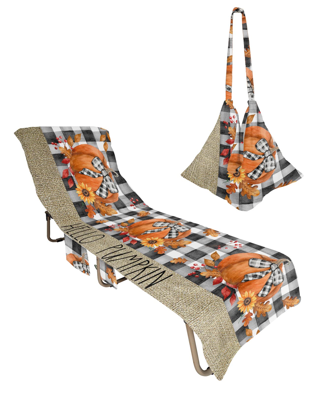 Pumpkin Watercolor Beach Chair Towel Covers for Chaise Lounge with Side Pocket, Soft Plush Pool Towels Cover for Patio Sunbathing Outdoor 29''x85'' Fall Leaves Buffalo Plaid Black