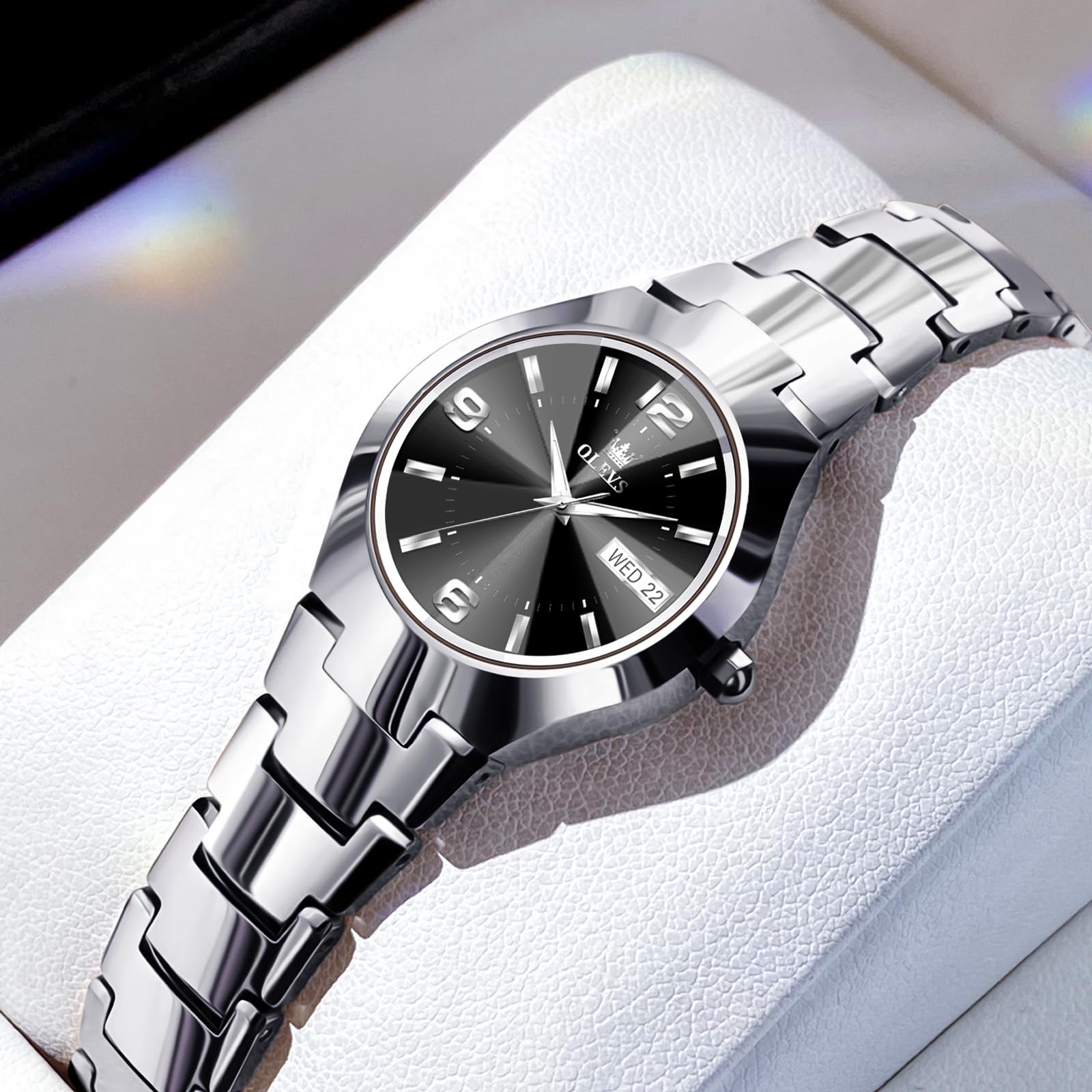 OLEVS Orologio da donna di lusso, impermeabile, analogico, al quarzo, in acciaio inox, con data e giorno, cristallo sfaccettato 3D alla moda e lancette luminose eleganti regali Relojes para Mujer
