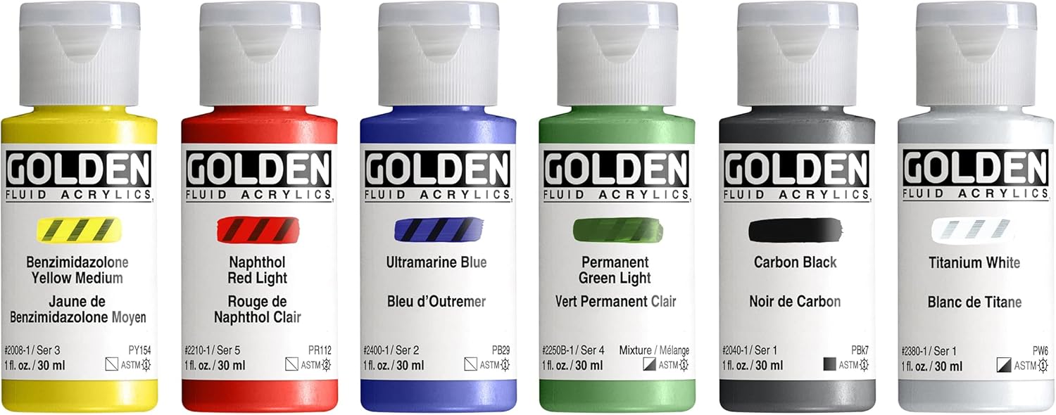 GOLDEN Fluid Acrylics, Fluid Intro Set, 6 Color, 1 fl. oz. Bottles, Professional Acrylic Paint