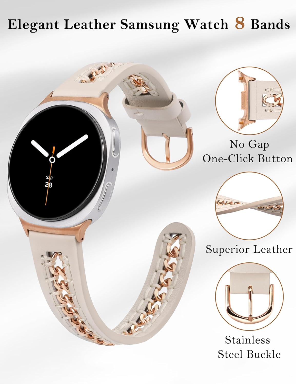 Minyee Leather Band Compatible with Samsung Galaxy Watch 8 40mm 44mm/ 8 Classic 46mm Bands, No Gap One-Click Dressy Premium Leather Strap with Stainless Steel Metal Chain Women, NOT for Other Models