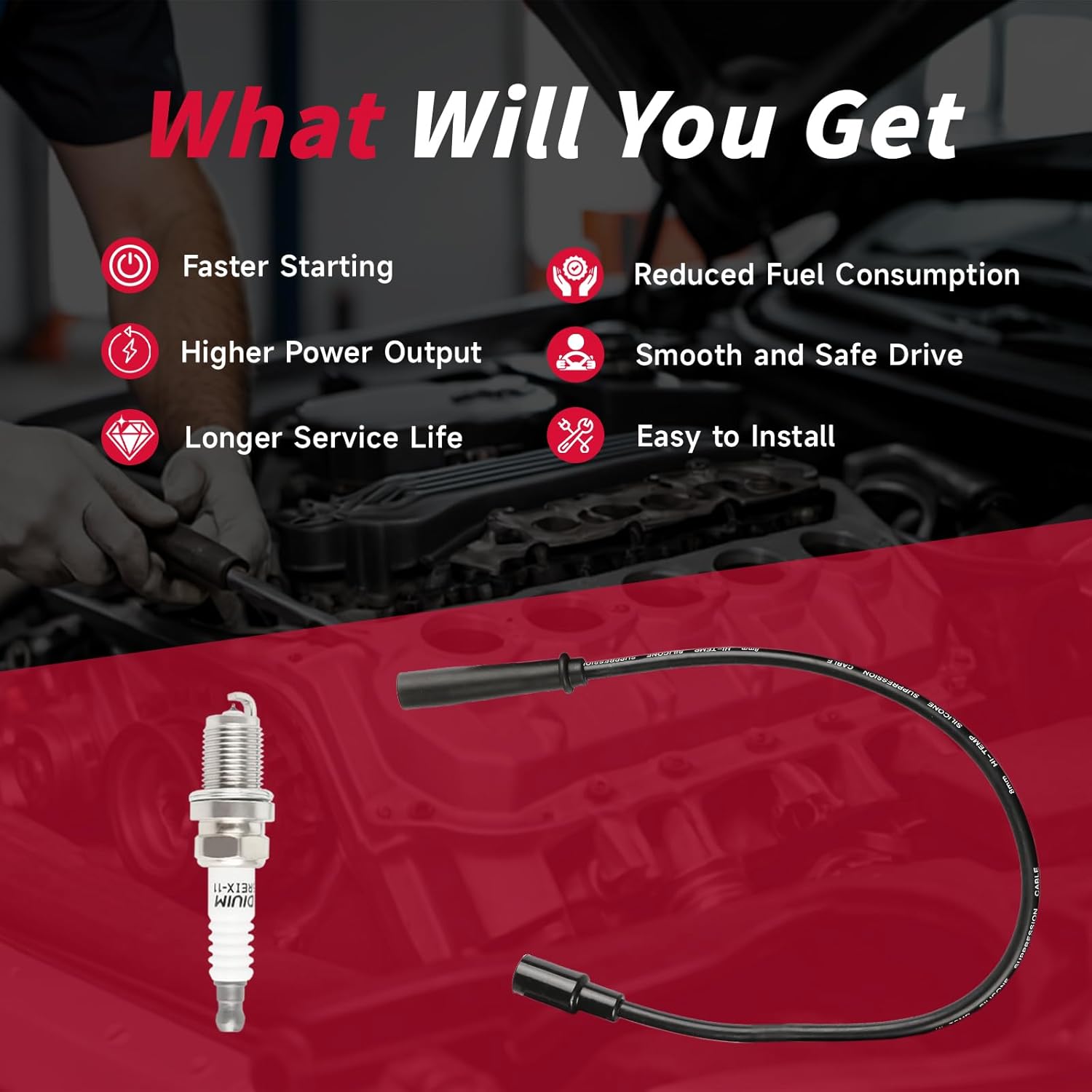 Set of 8 PCS Ignition Spark Plug Wires 671-8173 6938 9388X CC3Z-12286-D CC3Z-12286-A & 16 Iridium Spark Plugs Set Compatible with 2010-2021 V8 6.2L Ford F150 F250 F350 E350 Super Duty