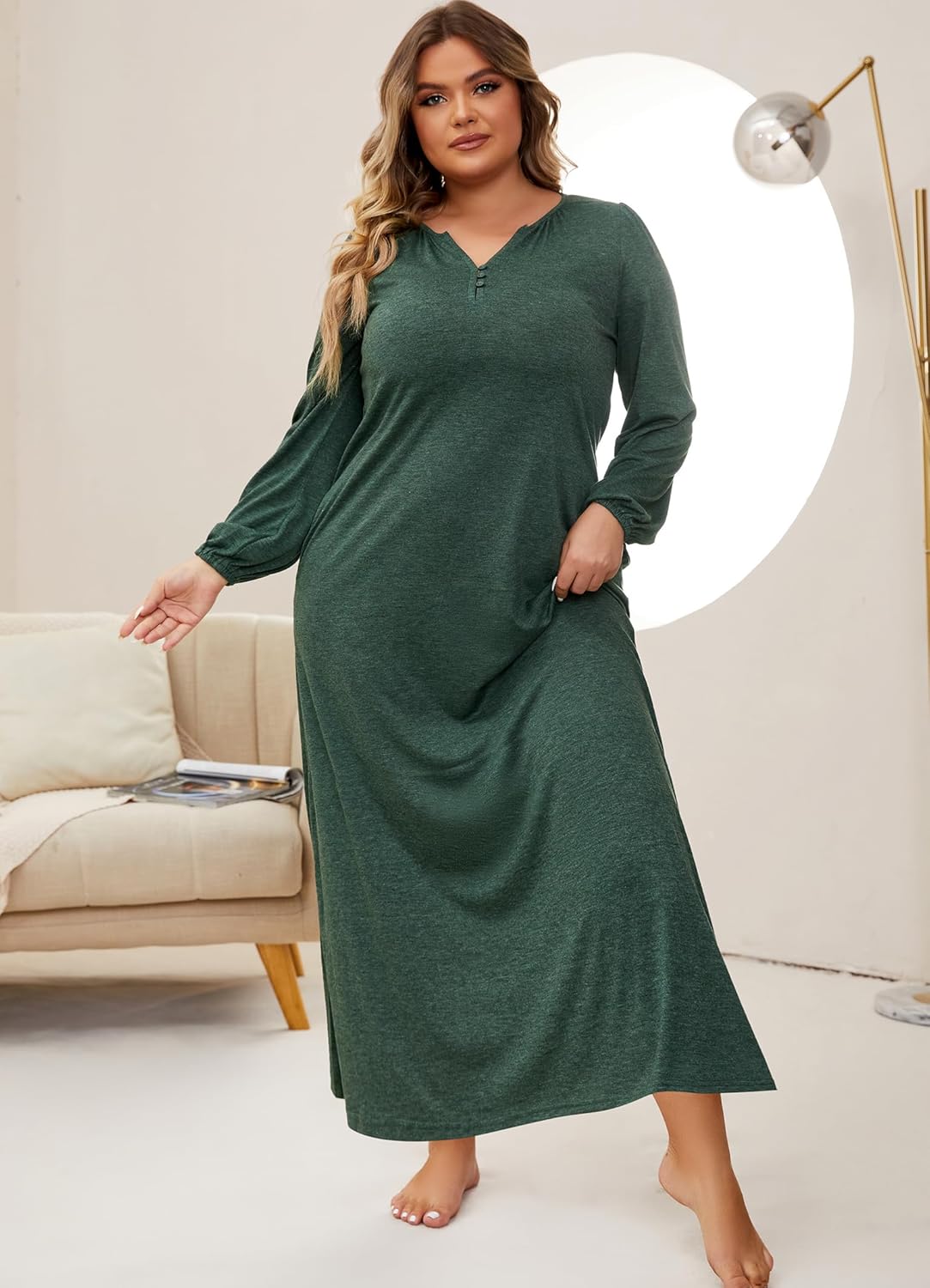 Marvmys Womens Cotton Long Sleeve Nightgown Long Sleepshirts Full Length Henley Sleep Dress with Pockets - Image 5