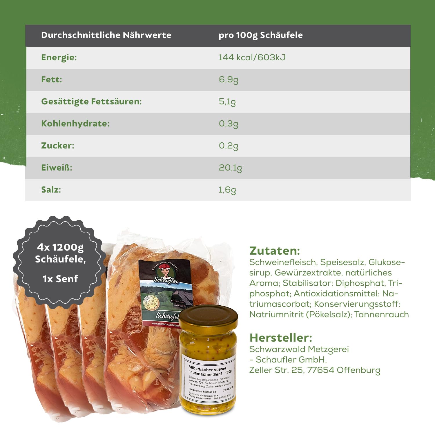 Schäufele-Paket - Set 4 x 1200g Schäufle + Altbadischer Senf - goldgelb geräuchert - herzhaft rauchiges Aroma - Kassler Spezialität aus Baden für Backofen