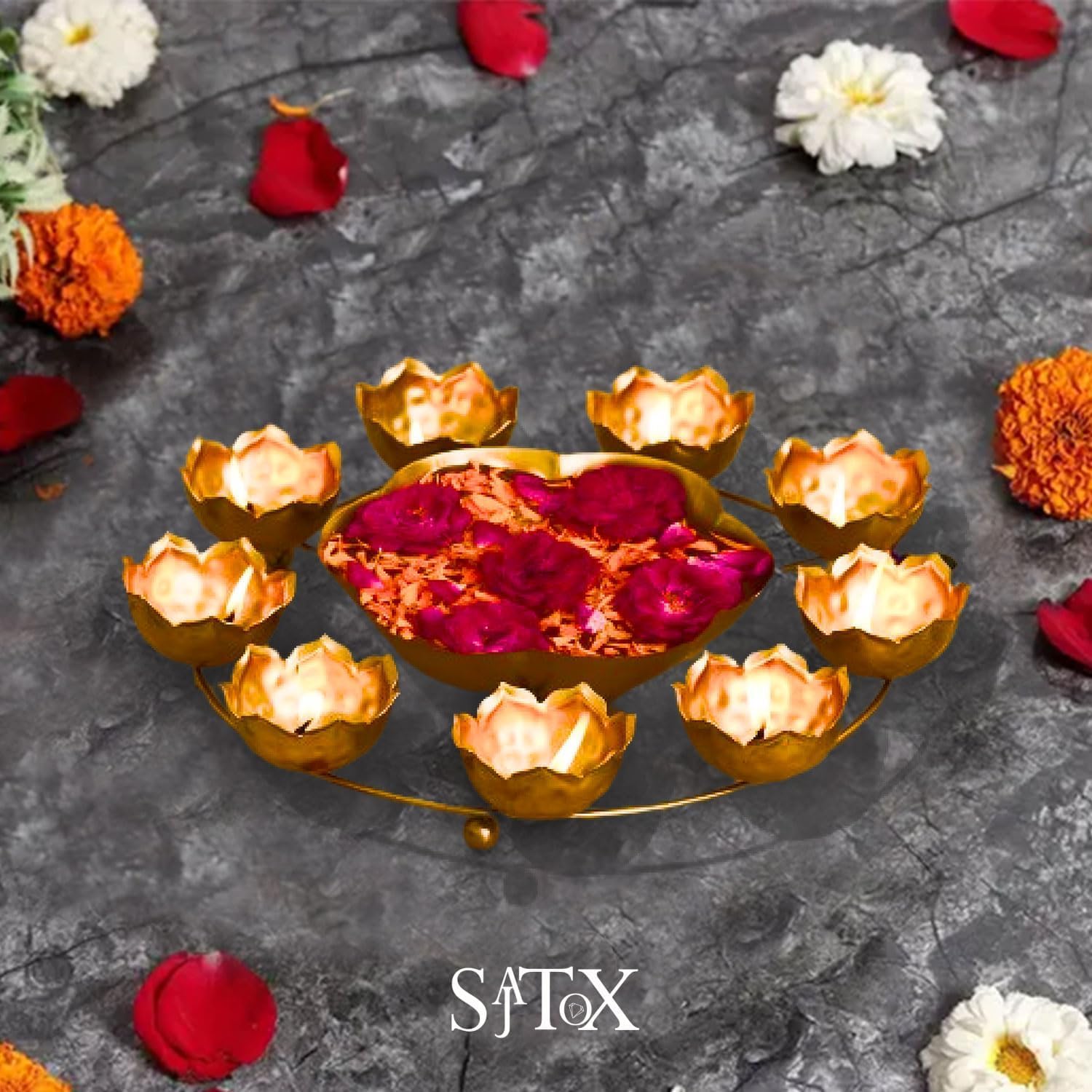 Handcrafted Golden Metal Diya Holder with Center Bowl | 9 Wick Tealight Stand for Diwali Decoration, Pooja Room & Festival Lighting | Traditional Indian Decor Item