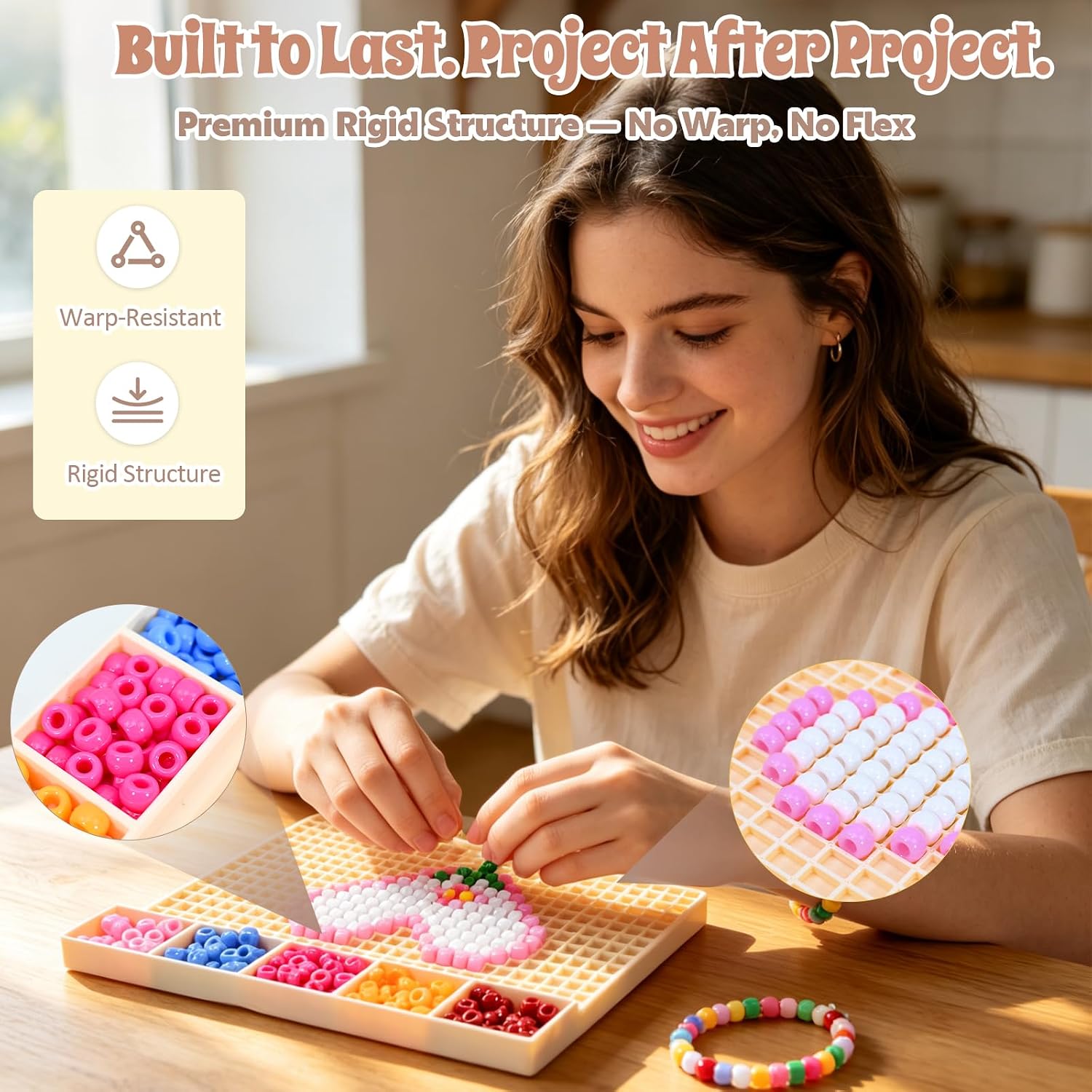 Anti-Roll Pony Bead Board for 6x9mm Beads,Rigid Structure Brick Stitch Patten Pony Bead Planning Tray,Kandi Bracelet Making Board for Complex Kandi Cuff Patterns and Intricate Beadwork(Apricot Color)
