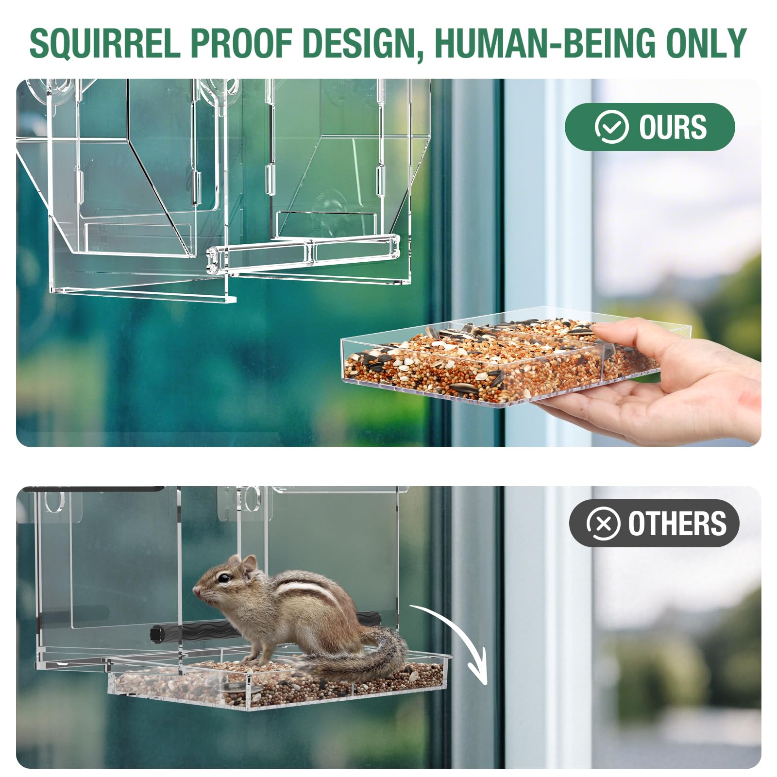 FLINTER Comedero para pájaros con ventana 2025, con ventana transparente para una visión más grande, comedero para pájaros con doble granero, comedero para pájaros a prueba de ardillas para gatos,