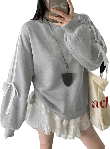 SXV STYLE Women's Black Sweatshirt with White Ribbon Sleeve Detail, Oversized Casual Pullover