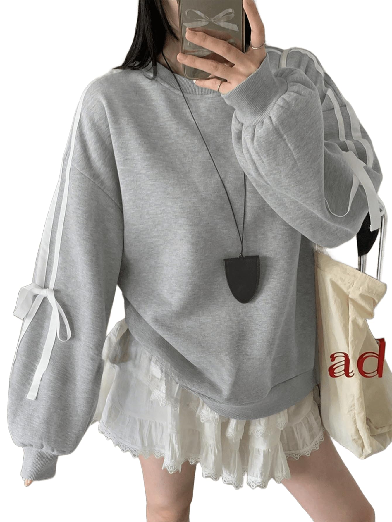 SXV STYLE Women's Black Sweatshirt with White Ribbon Sleeve Detail, Oversized Casual Pullover-picture-10