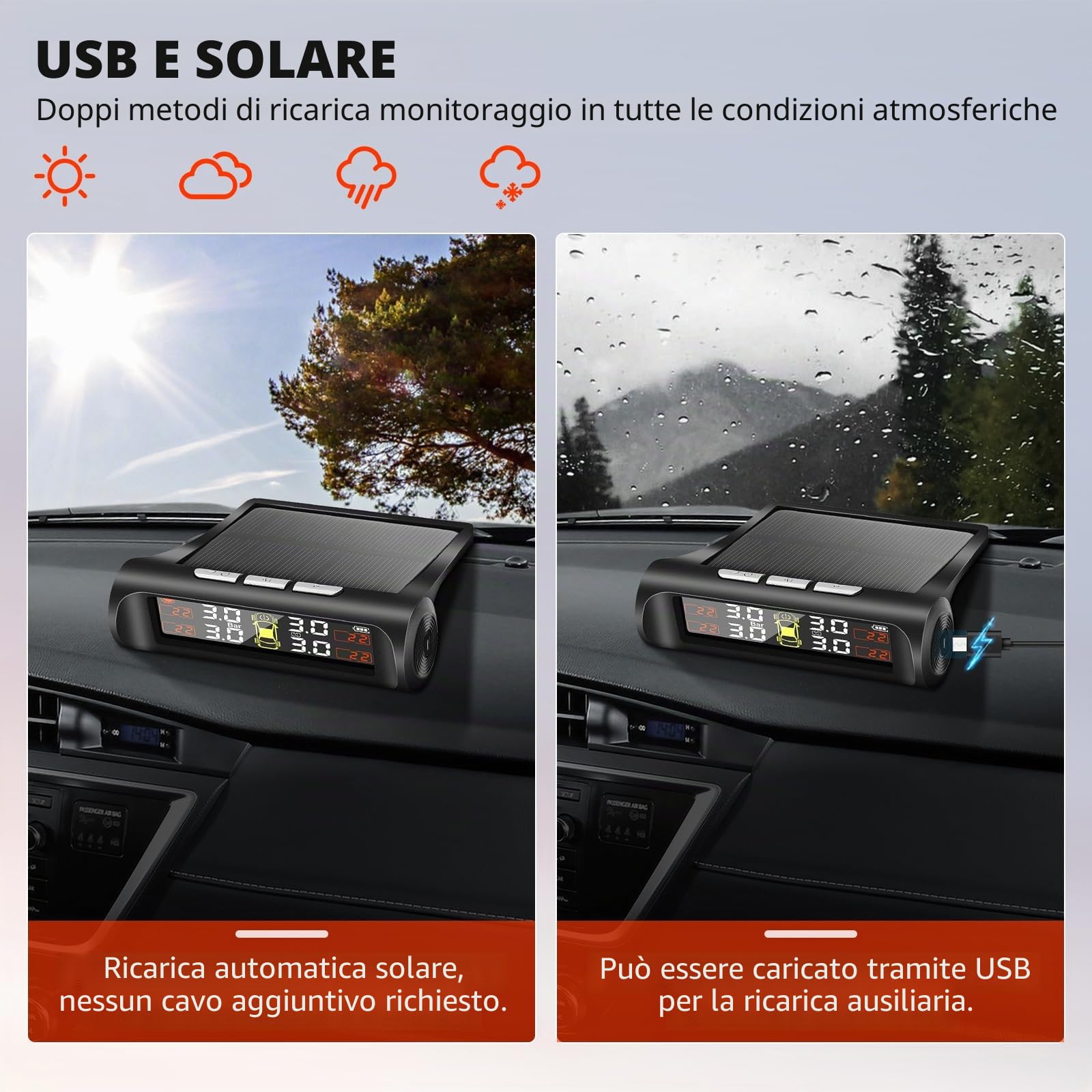 Geloo TPMS Sistema di Controllo Universale della Pressione degli Pneumatici con 4 Sensori Esterni Wireless Sistema di Monitoraggio con 5 modalità Allarme, Campo di Pressione 0-5bar