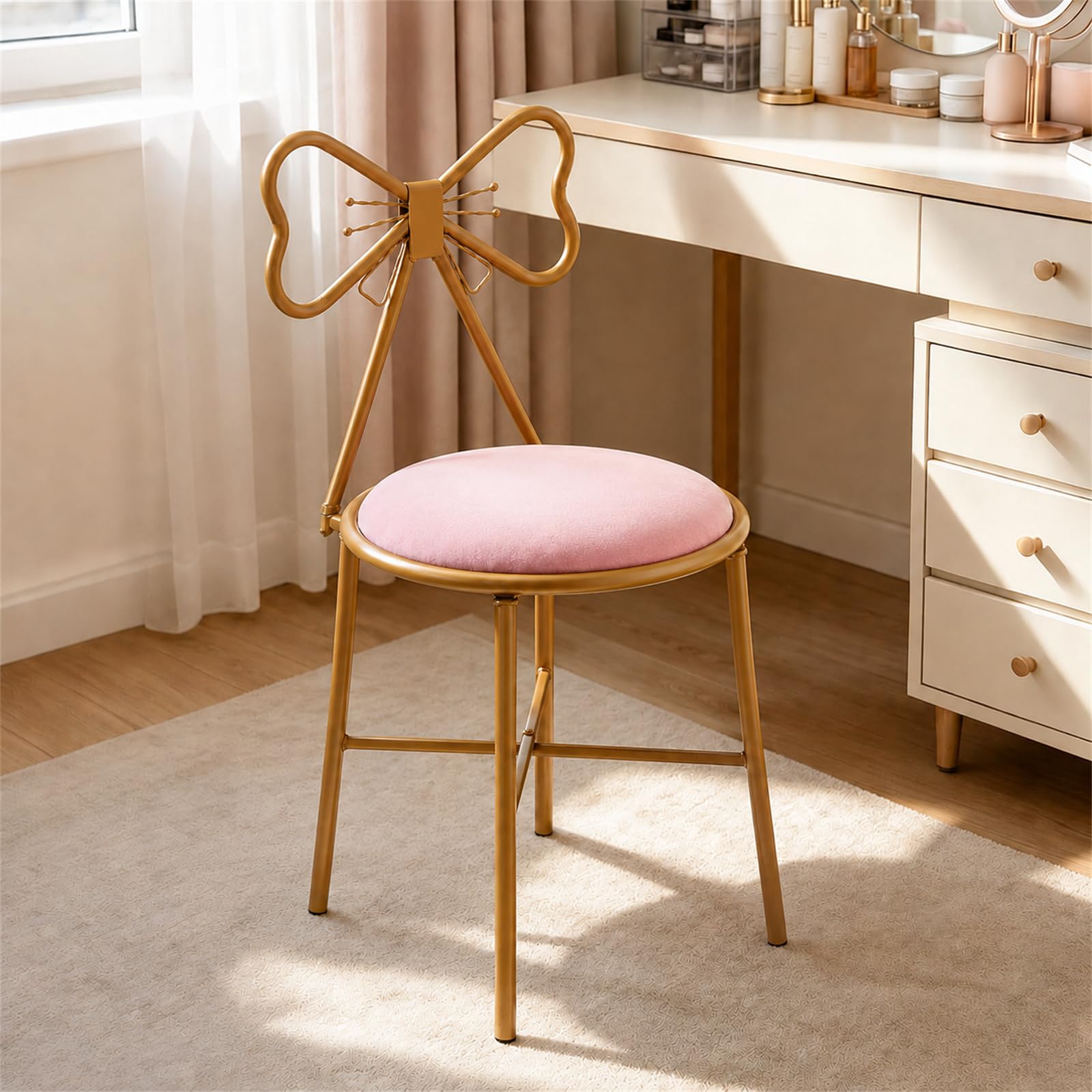 Schminkhocker Samt Rosa, Schminkstuhl mit Schleifen-Rückenlehne, Weich Gepolsterter Sitz & Stabile Metallbeine, Dekorativer Samthocker für Schminktisch, Schlafzimmer & Ankleidezimmer