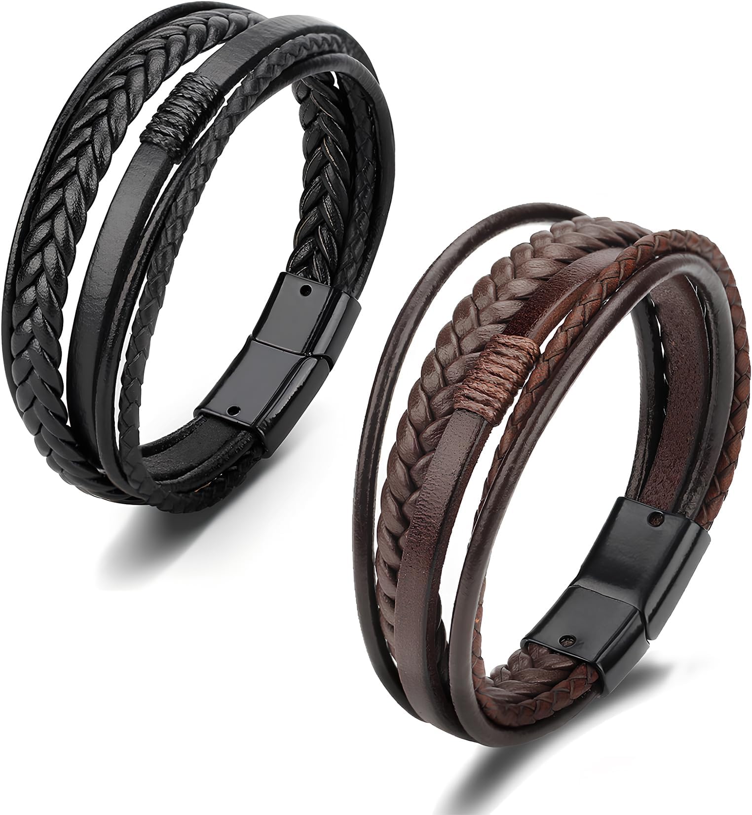 Men's Bracelet Leather Dual-Strap Bangle, Gift for Father's Day, Stainless Steel, Multi-Braided Leather, Armband, Accessory, Jewelry, Durable, Genuine Leather, Fashion, Birthday, Black, Gray, 2