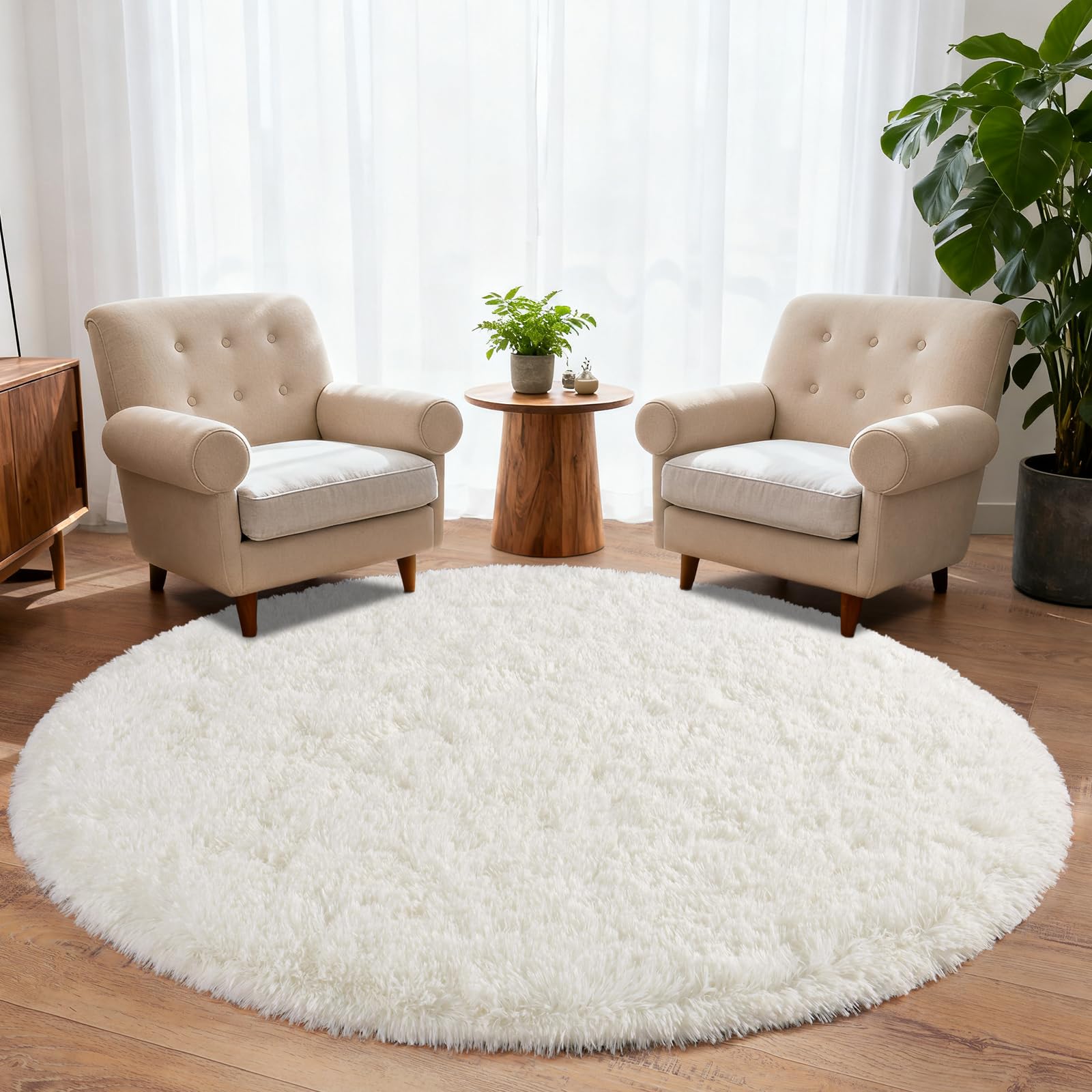 iEvery Large Round Rugs for Living Room 200cm - Fluffy Shaggy Circle Rug for Bedroom, Soft Non Slip High Pile Modern Floor Carpet for Kids Room, Cream White