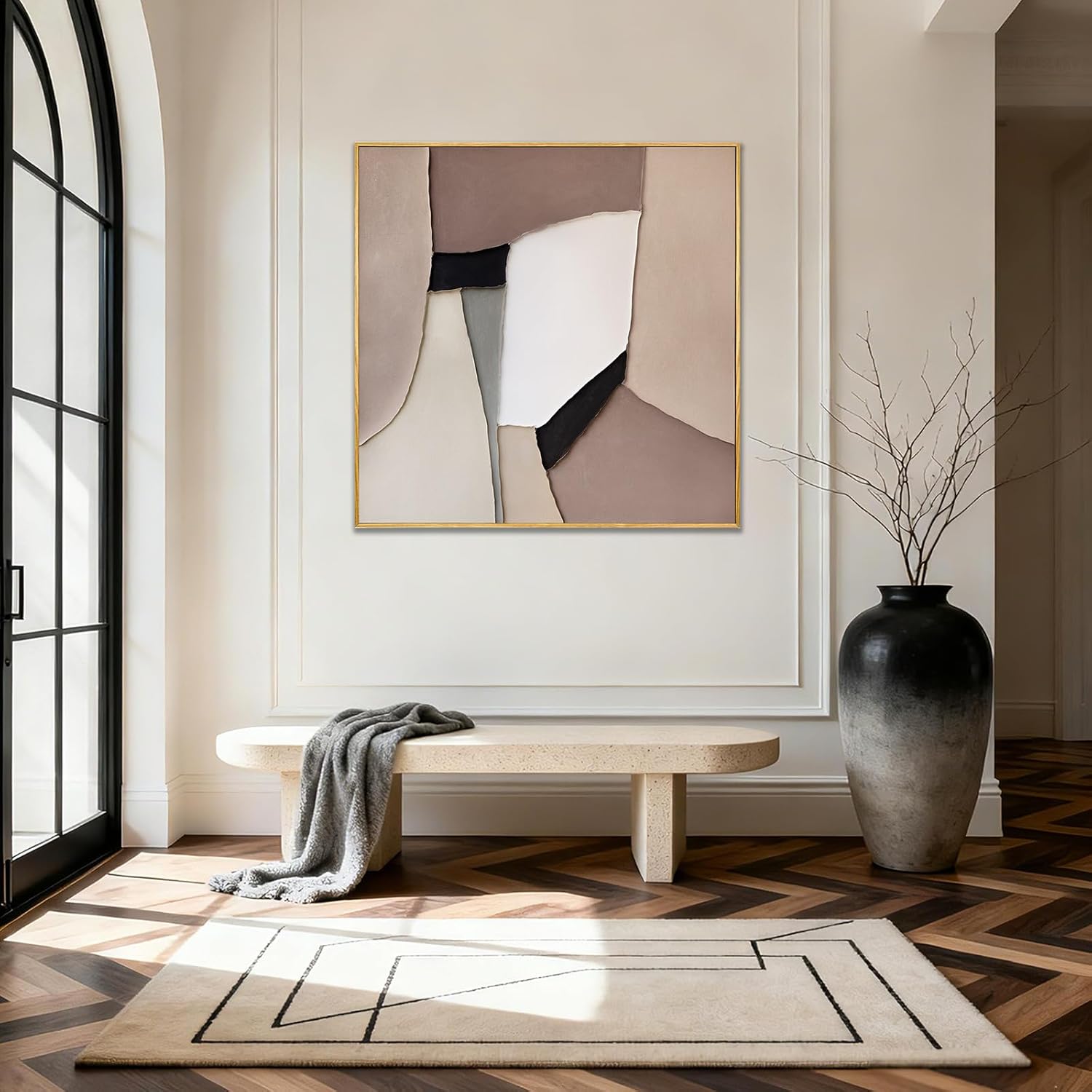 Taupe Greige Ivory Abstract Wall Art, Mid Century Hand Painted Geometric Oil Painting, Framed Organic Shape Artwork for Living Room Bedroom Office 40x40 Inch