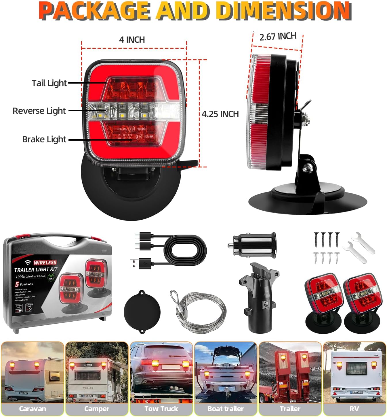Upgraded Wireless Trailer Lights Magnetic, Rechargeable Tow Light Kit with Adjustable Mounting, LED Tail Brake Turn Reverse Lights, Type-C Charging, IP67 Waterproof for Truck, RV, Boat, Camper