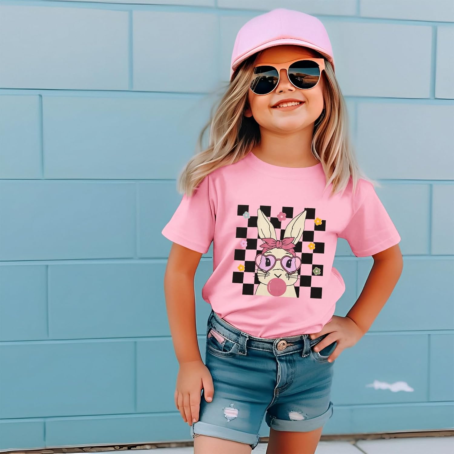 GLIGLITTR Toddler Girls Easter Shirt Cute Bunny Tshirt Rabbit Blowing Bubble Happy Easter Outfits Baby Short Sleeve Tee Tops