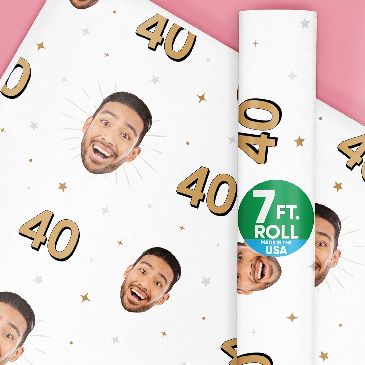 Big Dot of Happiness Custom Photo & Age Birthday Wrapping Paper Roll, Adult Gold Birthday Party Decor, Personalized Fun Face Gift Wrap, 24 in x 7 feet, 1 Roll