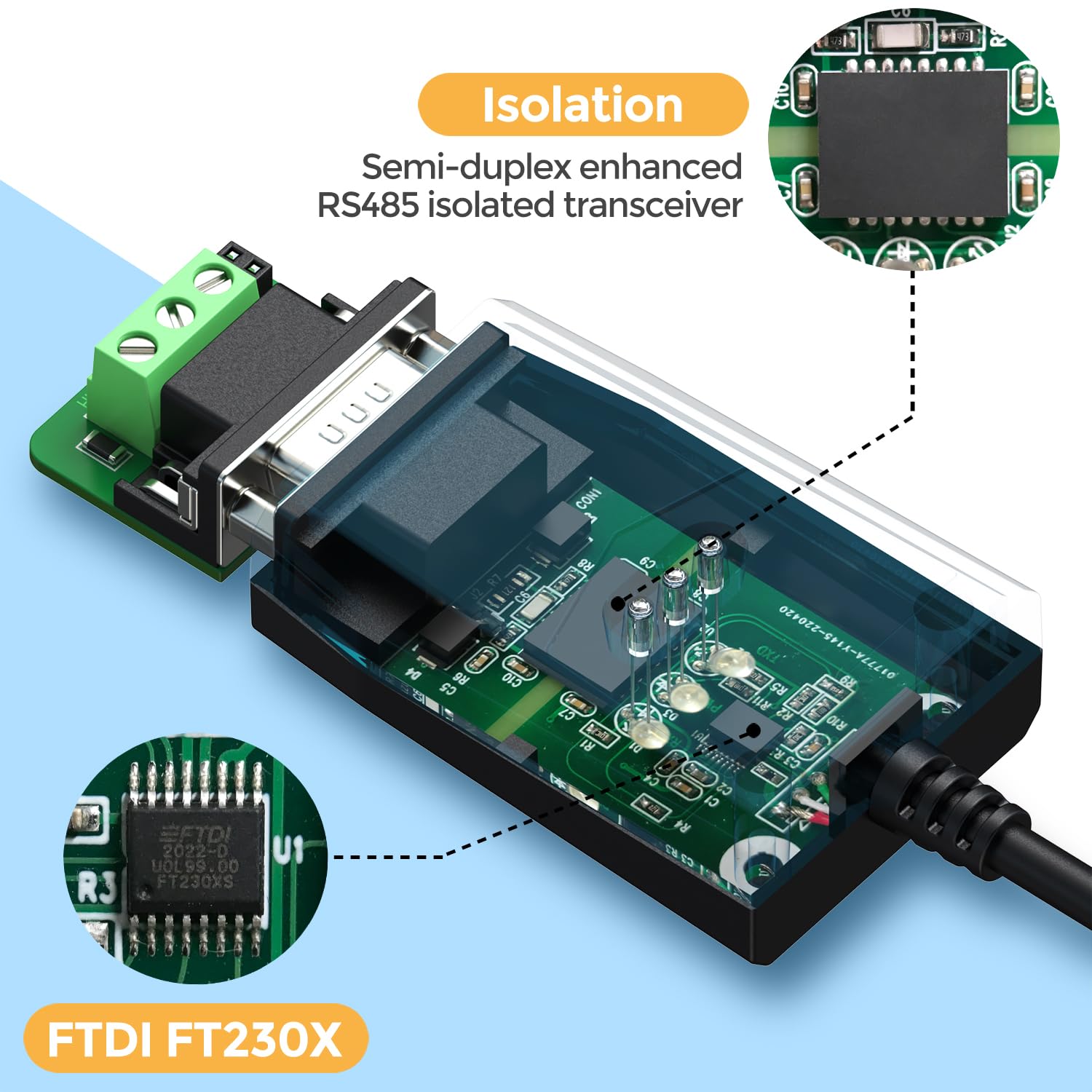 innomaker Convertidor USB 2.0 a RS485 de Grado Industrial, basado en chipset FTDI, protección ESD, Aislamiento de señal y energía, Compatible con Windows 11,10,8, XP, MacOS, Linux