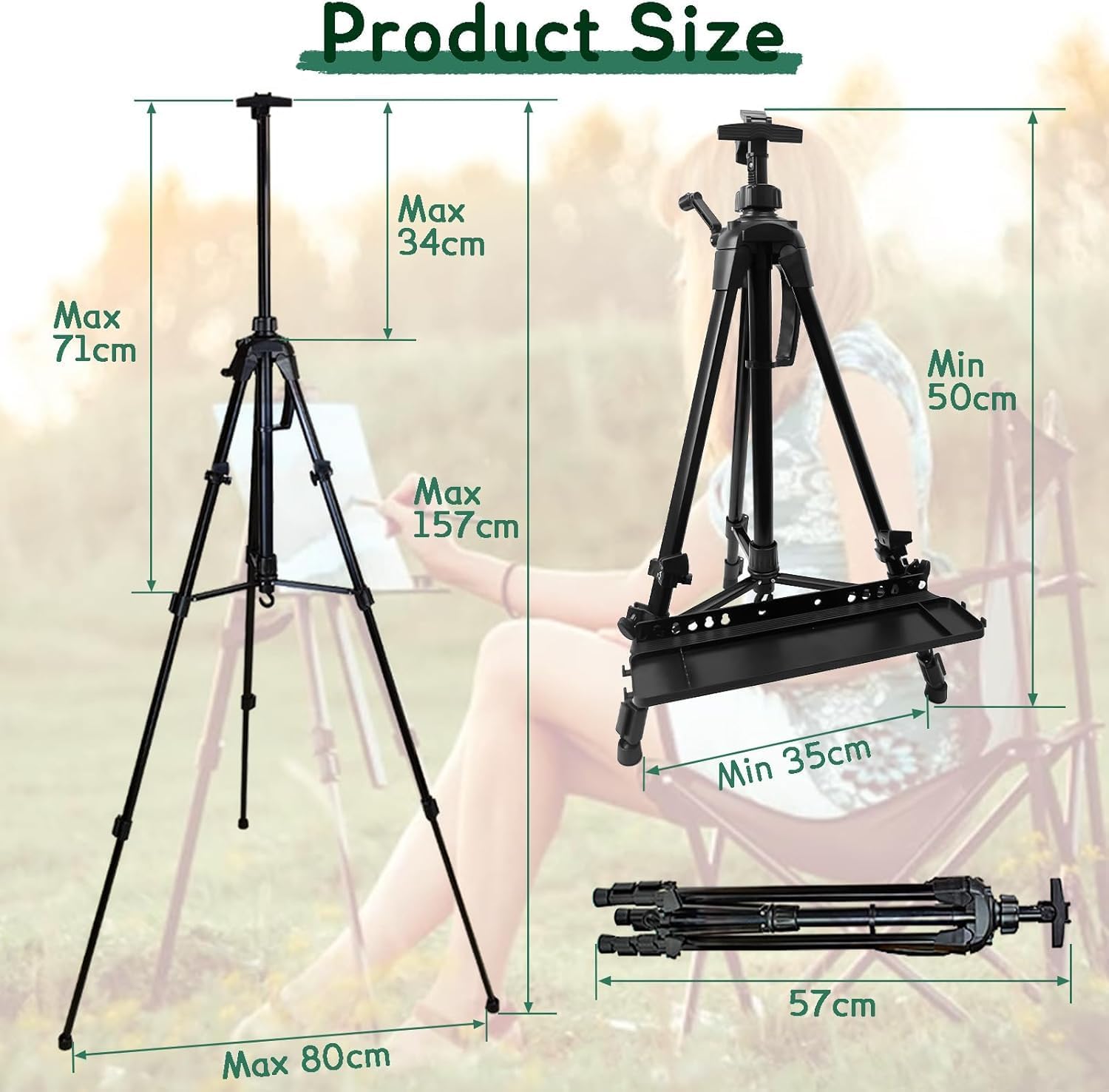 Caballete de trípode ajustable, 55-155 cm de altura, con bandeja y bolsa de transporte, caballete plegable para pintura en lienzo, dibujo y pósteres
