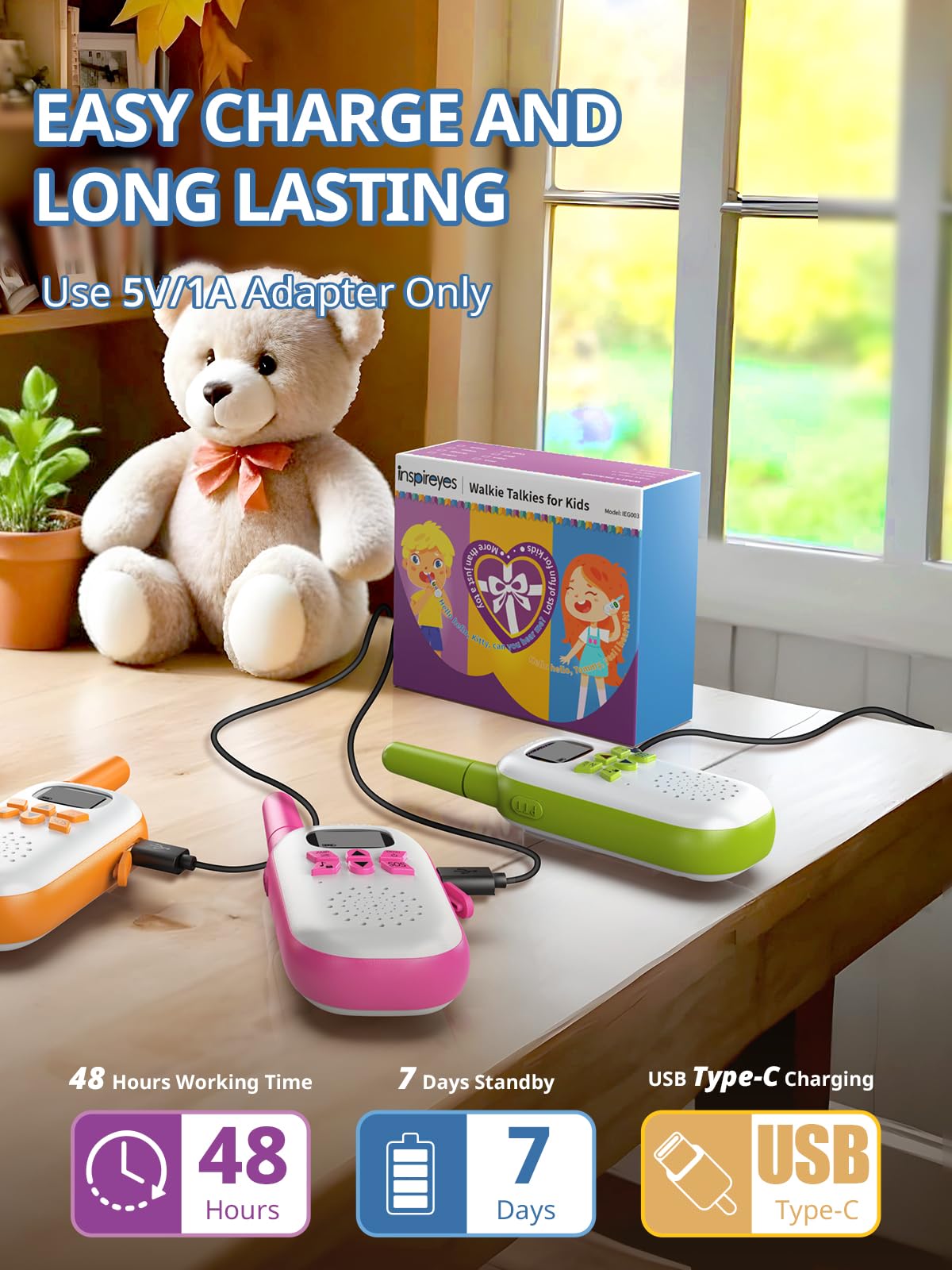 Inspireyes Walkie-Talkie Bambini Ricaricabili, 48 Ore di Orario di Lavoro, 3 Chilometri di Lungo Raggio, Regali di Compleanno per Ragazzi Ragazze, Giocattoli da Esterno per Bambini di 3-12 Anni