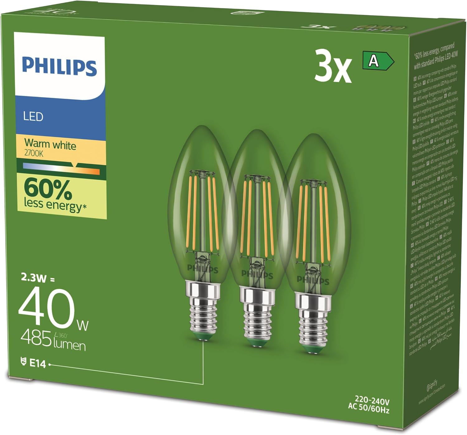 Philips Ultra Efficient Globe LED Candle Bulbs (Pack of 3) E14 2.3W Warm White Light 2700K Energy Class A Warm White
