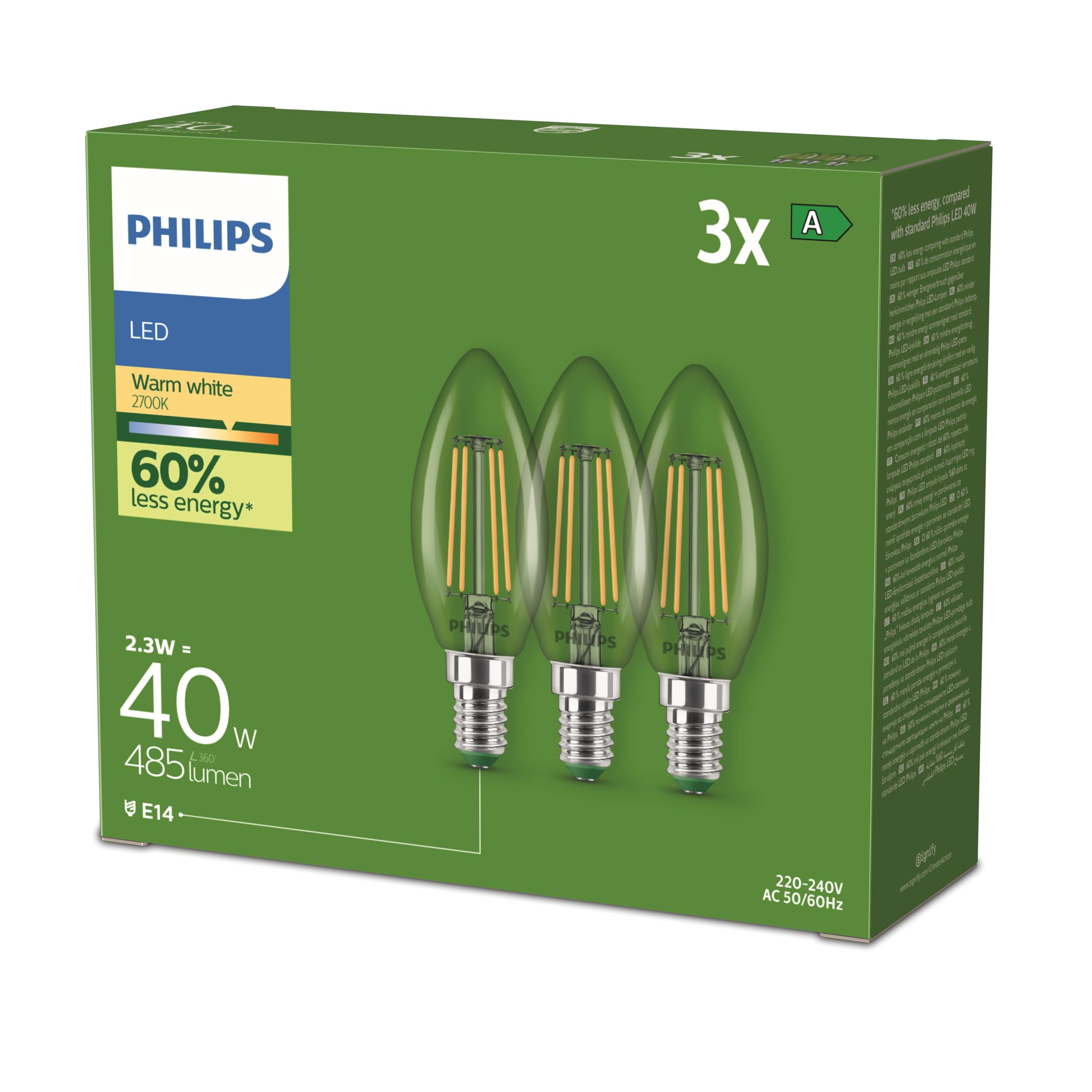 Philips Classic ultra-efficient LED bulb with energy efficiency class A, E14 base, replaces 40W, clear, warm white light, candle shape, pack of 3