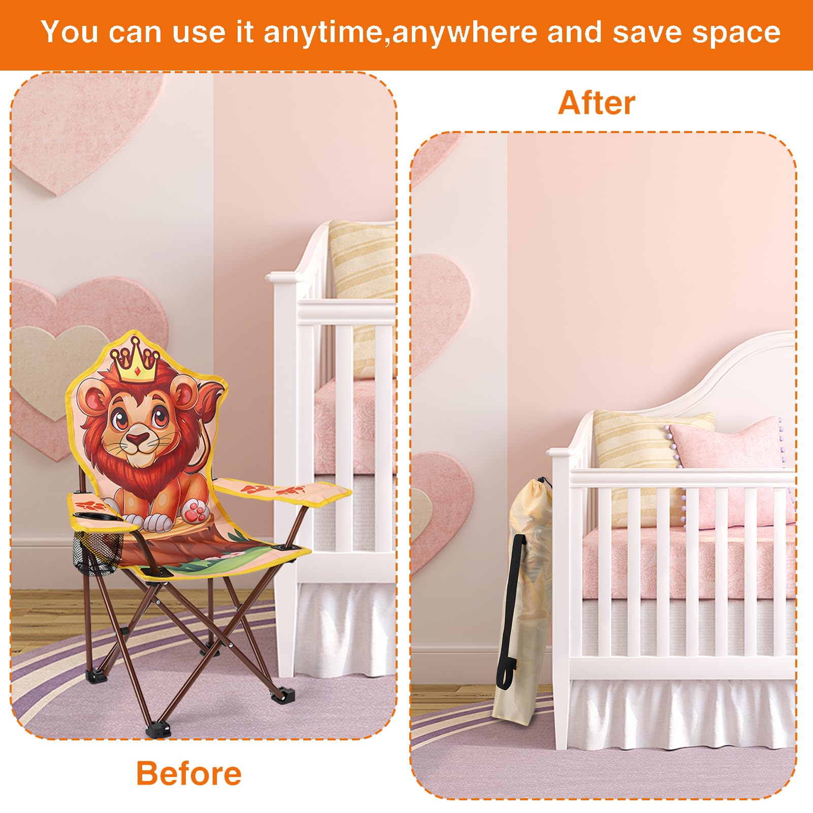 Chaise de camping pliable pour enfant avec porte-gobelet, chaise de jardin pliable avec motif lion, acier allié, chaise de pique-nique portable pour camping, pêche, extérieur