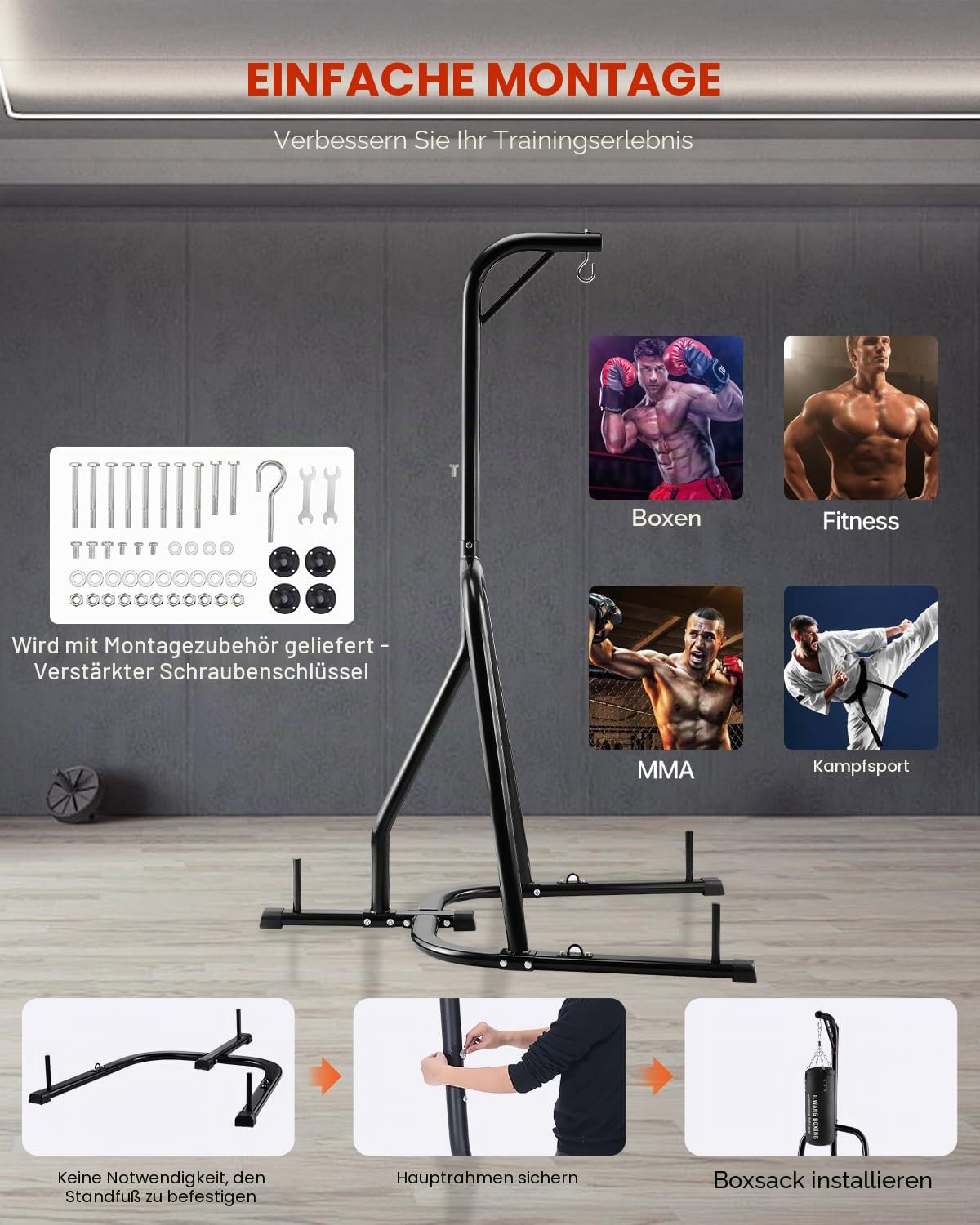 VEVOR Boxsack-Ständer, Stahl, strapazierfähig, Trainingsgerät, höhenverstellbar, mit beschwertem Boden, hält bis zu 63,5 kg, freistehender Sandsackständer für Zuhause, Fitnessstudio, Fitness