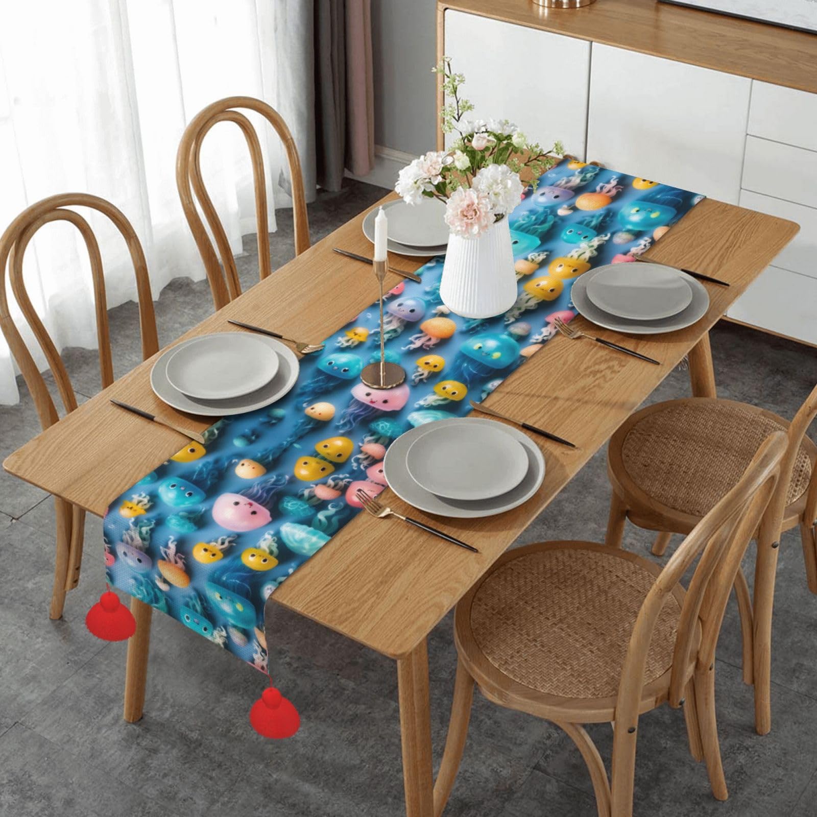 Chemin de table méduse coloré imprimé pour repas de mariage et table basse de salon