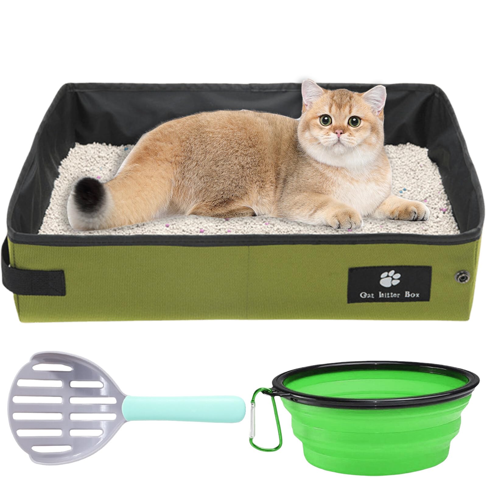 Arenero plegable para gatos, 40 x 30 cm, caja de arena portátil para viajes, caja de arena portátil para gatos, resistente al agua, plegable y portátil, con 1 cuenco plegable y 1 pala