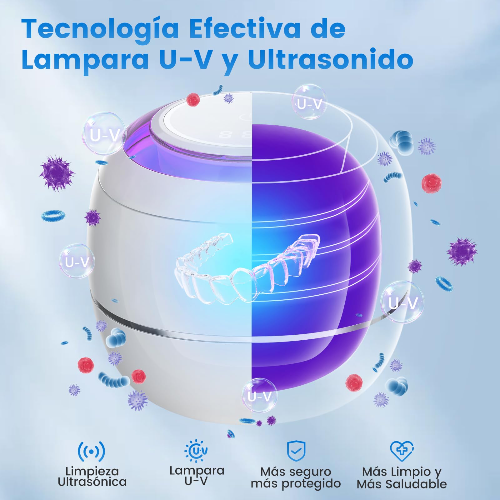 SEANCHEER Limpiador Ultrasonidos 48000Hz Ultrasonidos Limpieza | 180ML | Lampara UV | Ultrasonic Cleaner Portatil para | Dentaduras | Ferula Dental | Retainer | Aligner | Brackets | (Blanco)