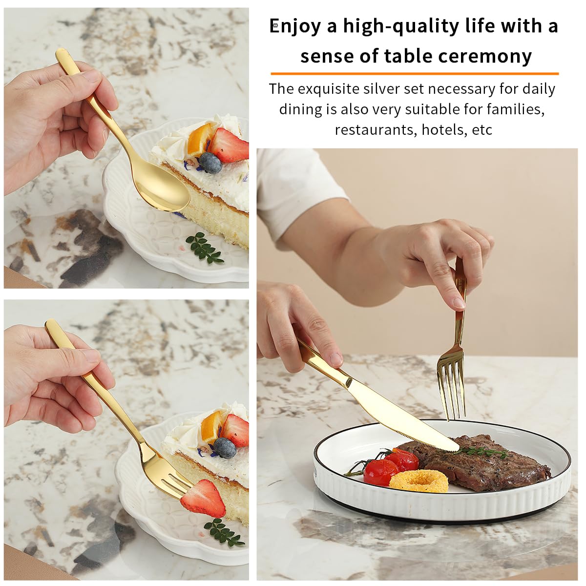 Berglander Set di posate in oro 60 pezzi per 12 in acciaio inossidabile con placcatura in titanio dorato, set di coltelli per cucchiai d'oro forchette per casa, matrimonio, ristorante
