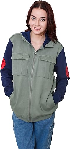 Vista 7 de Ripple Junction Naruto Shippuden Kakashi Hatake Cosplay Military-Style Sudadera con capucha para hombre con diadema