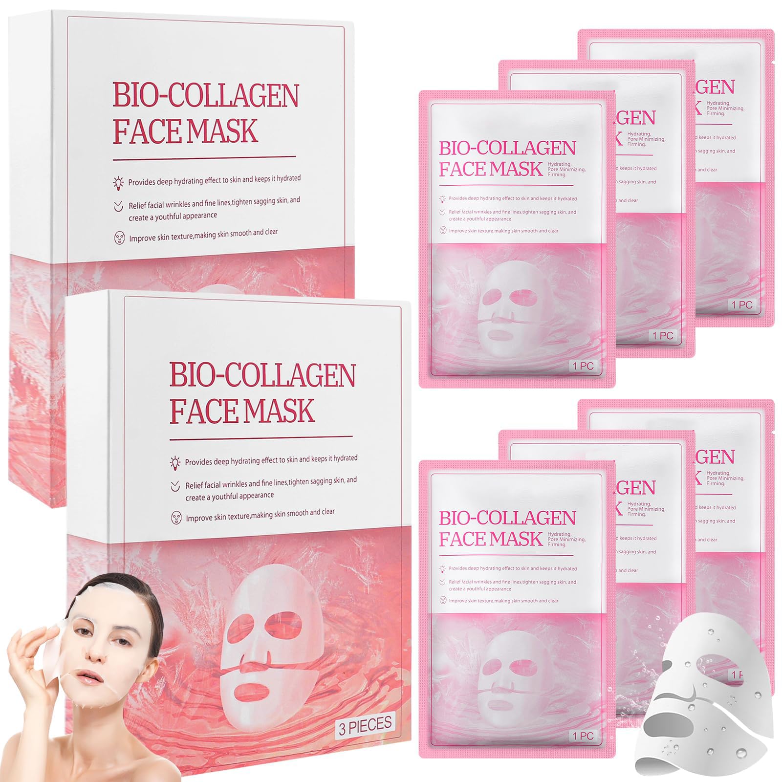 NALACALCollagen Face Mask, Bio Collagen Face Mask Overnight, Collagen Mask, Bio-Collagen Real Deep Mask, Bio-Collagen Sheet Mask Hydrating Face Mask, Brighten Skin Tone, Elastic Skin, 6PCS