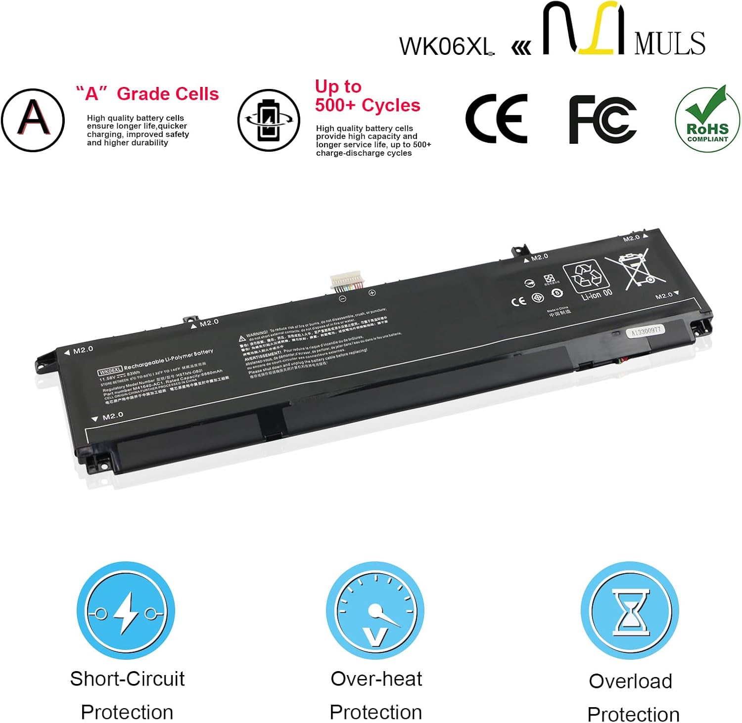 WK06XL battery with icons for short-circuit, overheat, and overload protection, along with CE, FCC, and RoHS certifications.
