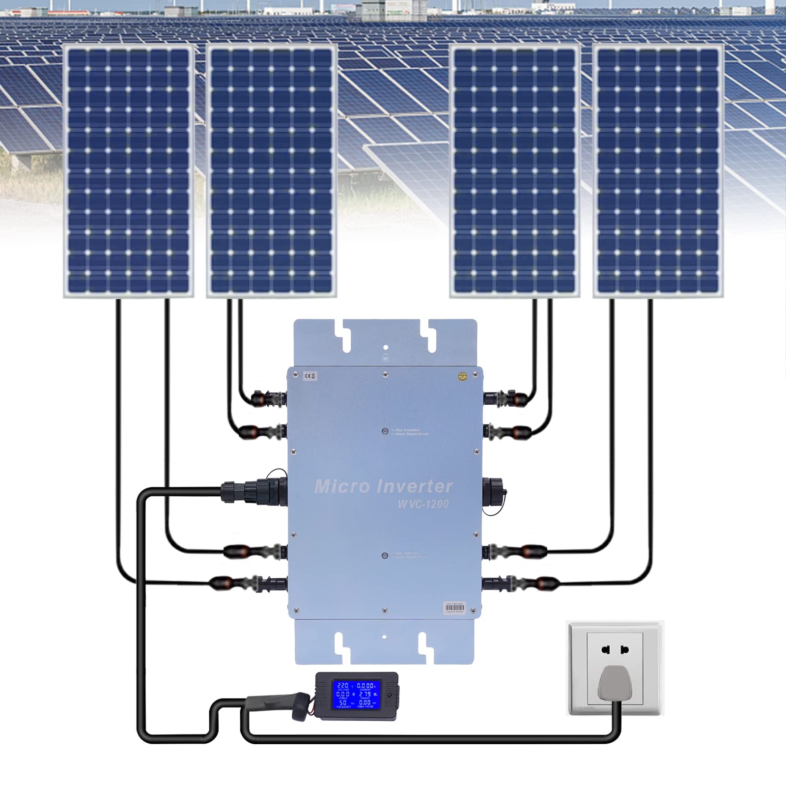 Micro Inverter da 1200 W per impianto di alimentazione da balcone, inverter solare da 230 V con display LCD, classe di protezione IP65, 6 funzioni di protezione, MPPT, adatto per pannelli solari da 30