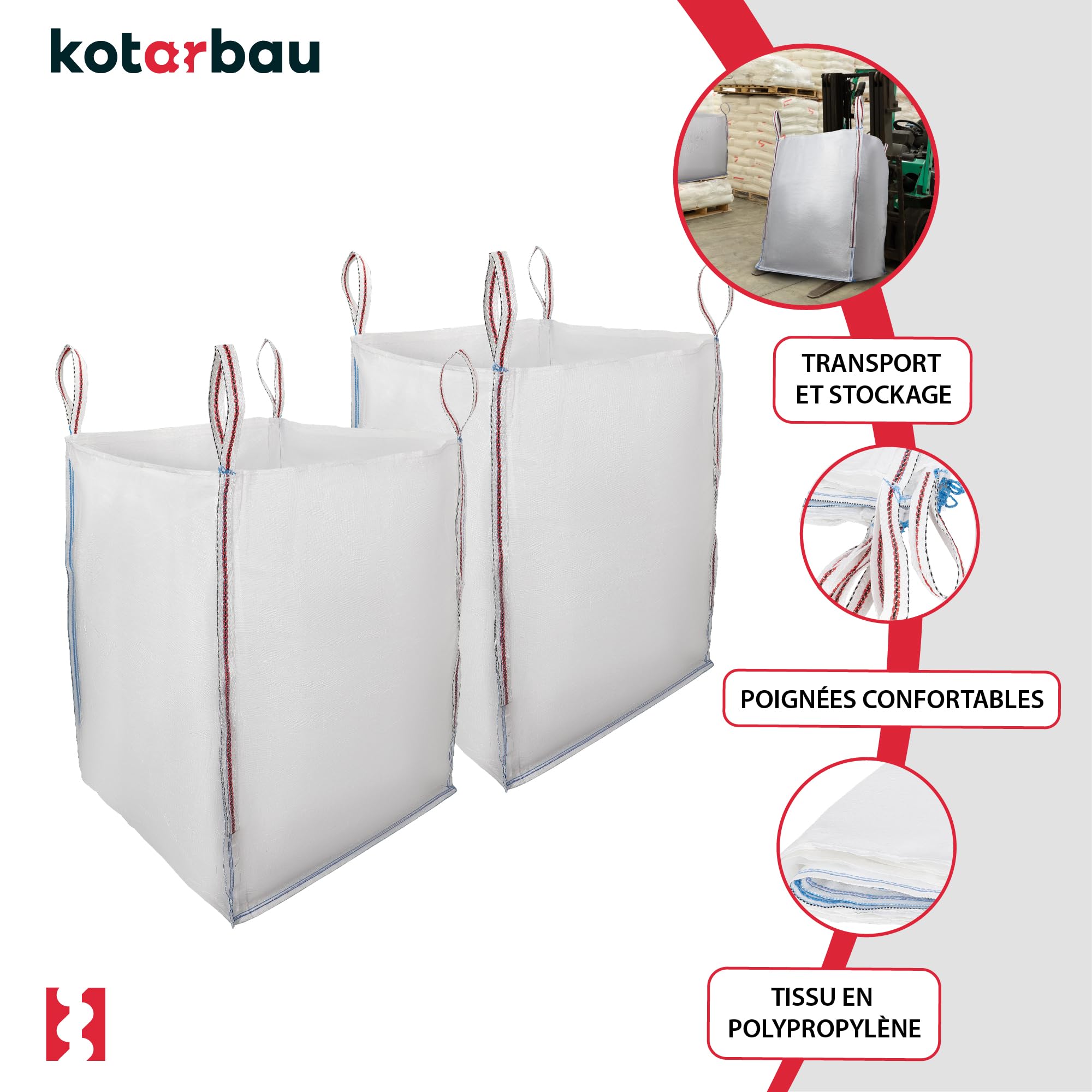 KOTARBAU® Sac Big Bag Vide, Bigbag, Big Bag Bois, Big Bag Gravat, Big Bag Jardin, Sac Gravat Chantier 90 x 90 x 120 cm 1000 kg 2 Pieces