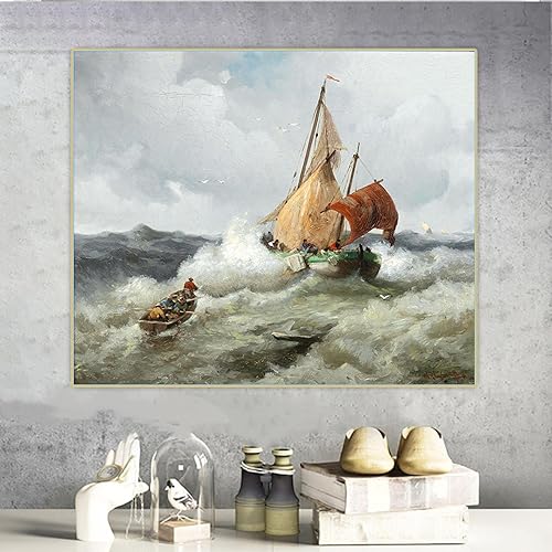 Miniatura 6 de Impresiones en lienzo Adolf Kaufmann- "Pescador en un mar tormentoso" Lienzo Arte de la pared Sala de estar Imagen de decoración del hogar 7.9x9.8