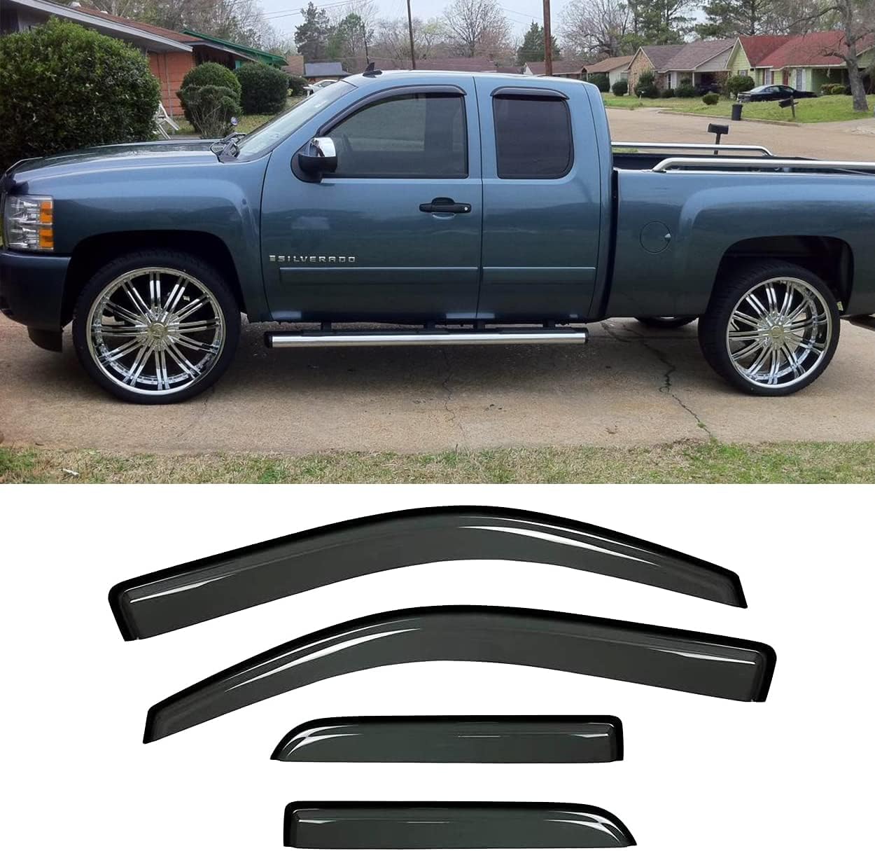 Original Side Window Wind Deflector, 4pc Out-Channel Tape-On Rain Guards Set,Window Visor fit for 2007-2013 Chevy Silverado/GMC Sierra 1500,2007-2014 2500HD/3500HD with Extended Cab 94040