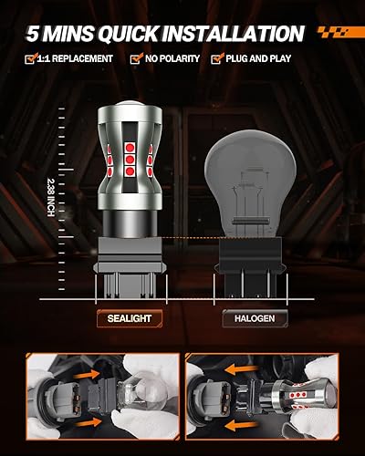 Miniatura 9 de SEALIGHT - Bombillas LED para luz de freno, 3157 LED rojas 3057 4157 T25 3156 para luz trasera, 2600 lúmenes rojos, luz trasera con lentes de