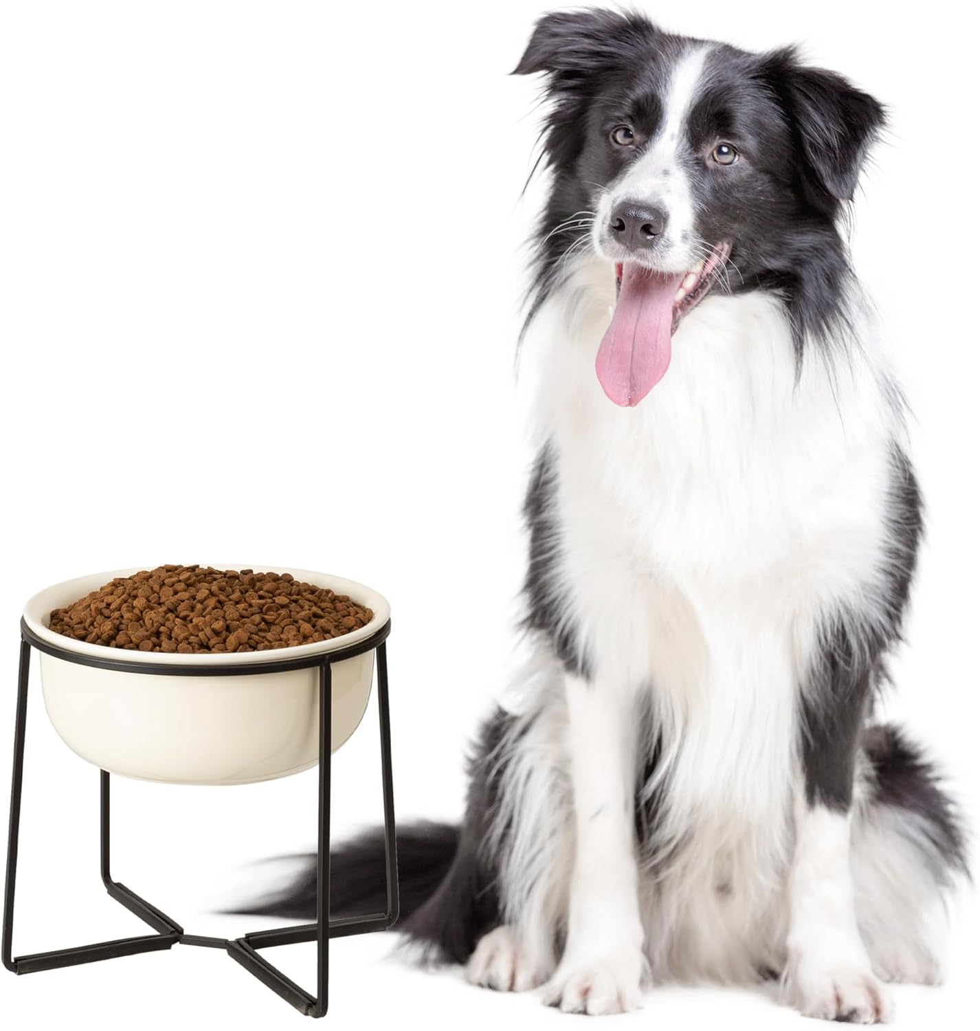 Ceramic Elevated Dog Food Bowl - Heavyweight Feeding Bowl with Metal Stand - Raised Pet Dish for Medium and Larges Dogs - 3.5 Cups - 54 oz - Beige XL Beige