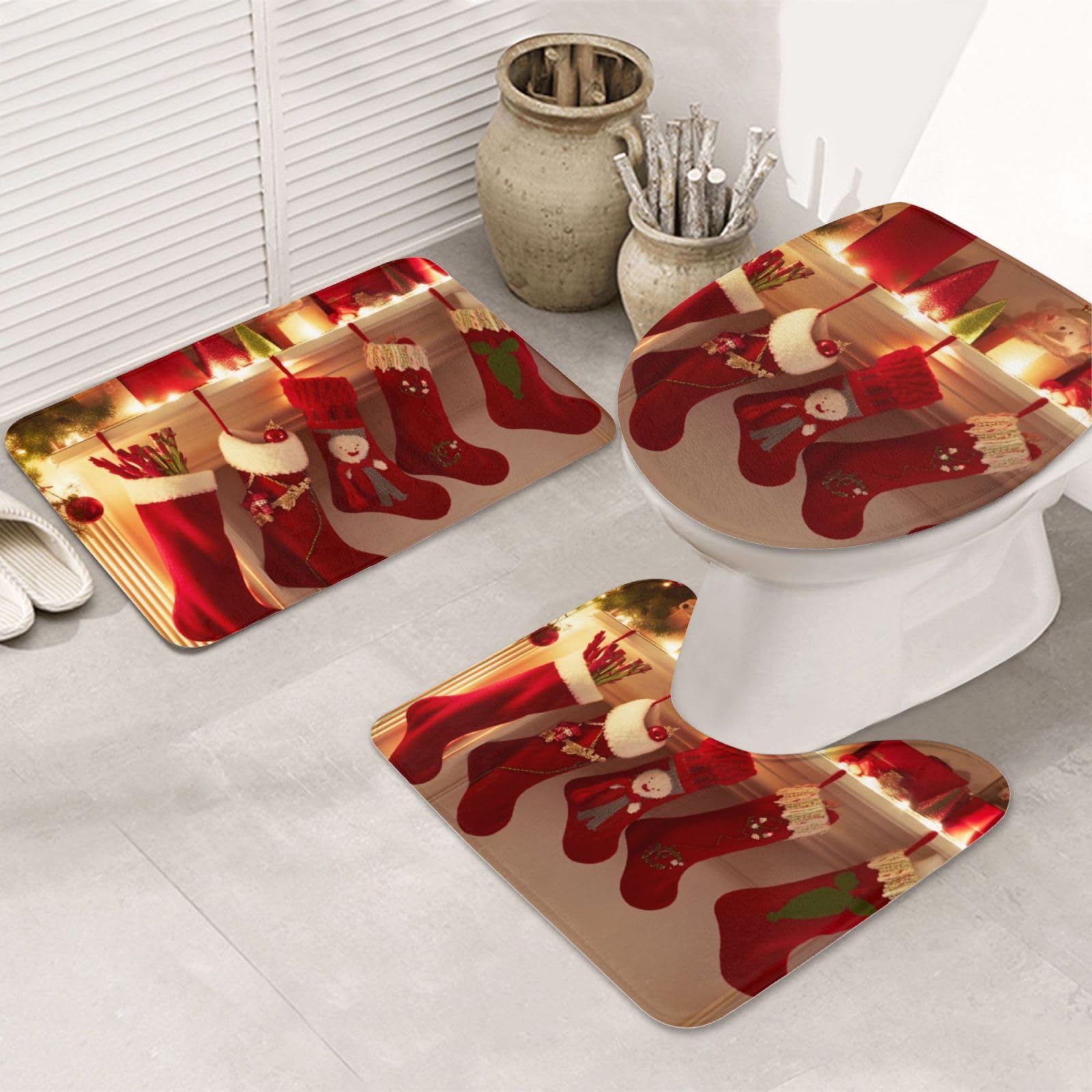 Tapis de bain antidérapants en flanelle absorbante avec ensemble WC Merry Christmas
