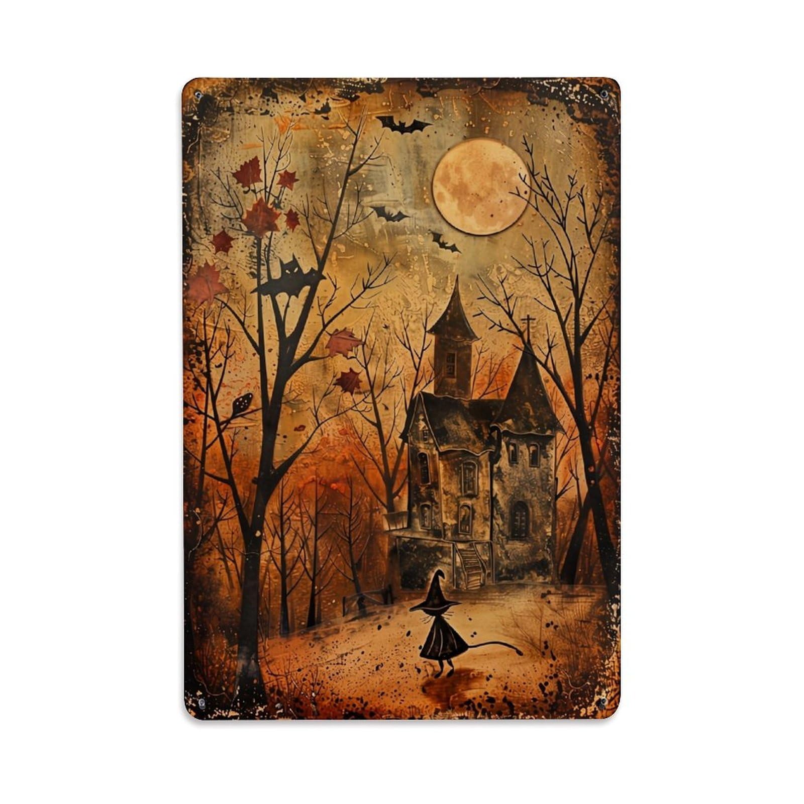 Jdfenggu Vintage Spooky Halloween Night Scene Witch Retro Metal Tin Sign, Decor Art Poster For Bar, Home, Man Cave, Kitchen, Laundry Room Gift 8X12inch