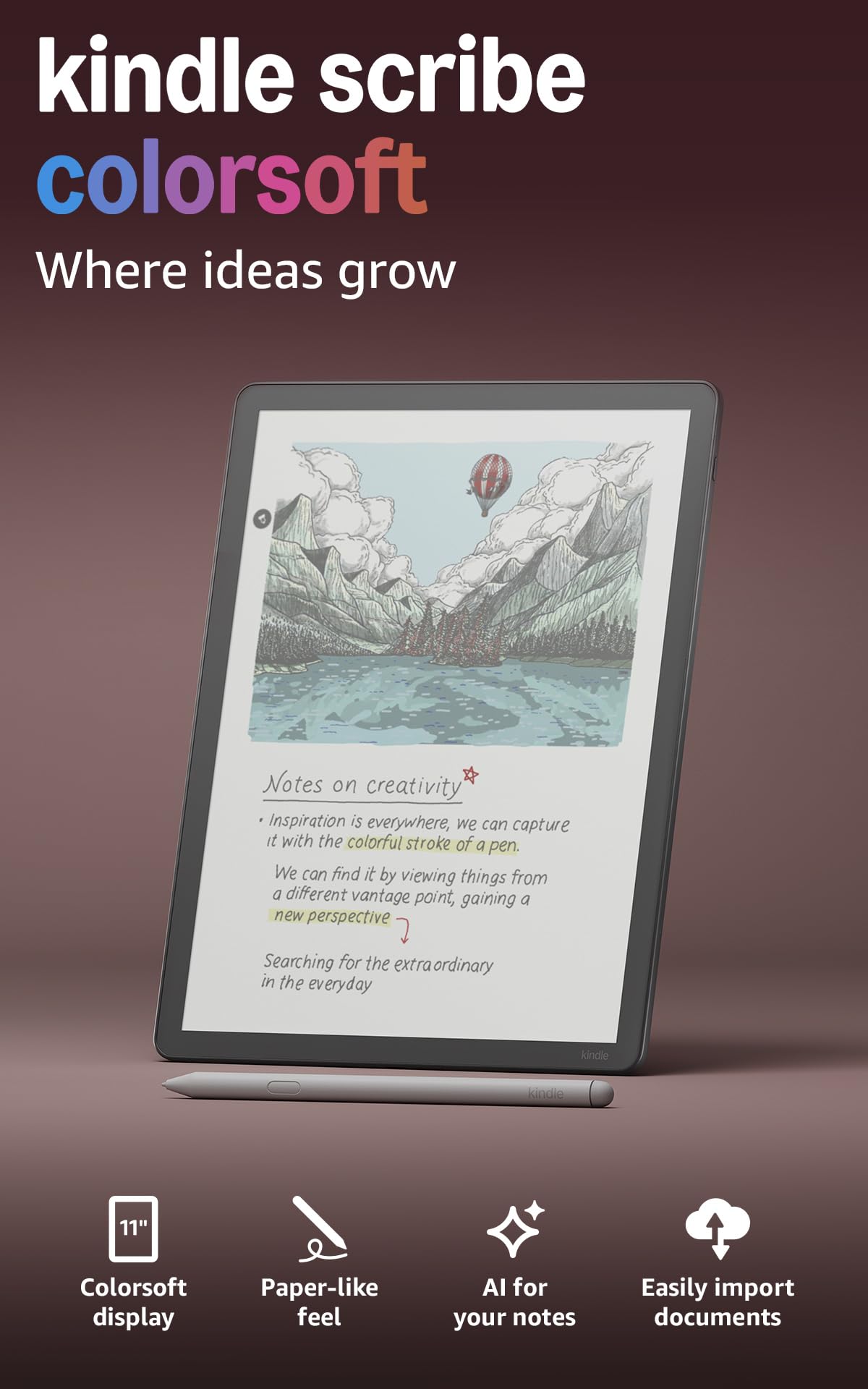 Amazon Kindle Scribe Colorsoft 32 GB (newest gen) — 11" paper-like colour display with front light — Thin, light, powerful — Write in the built-in notebook, documents and books - Graphite