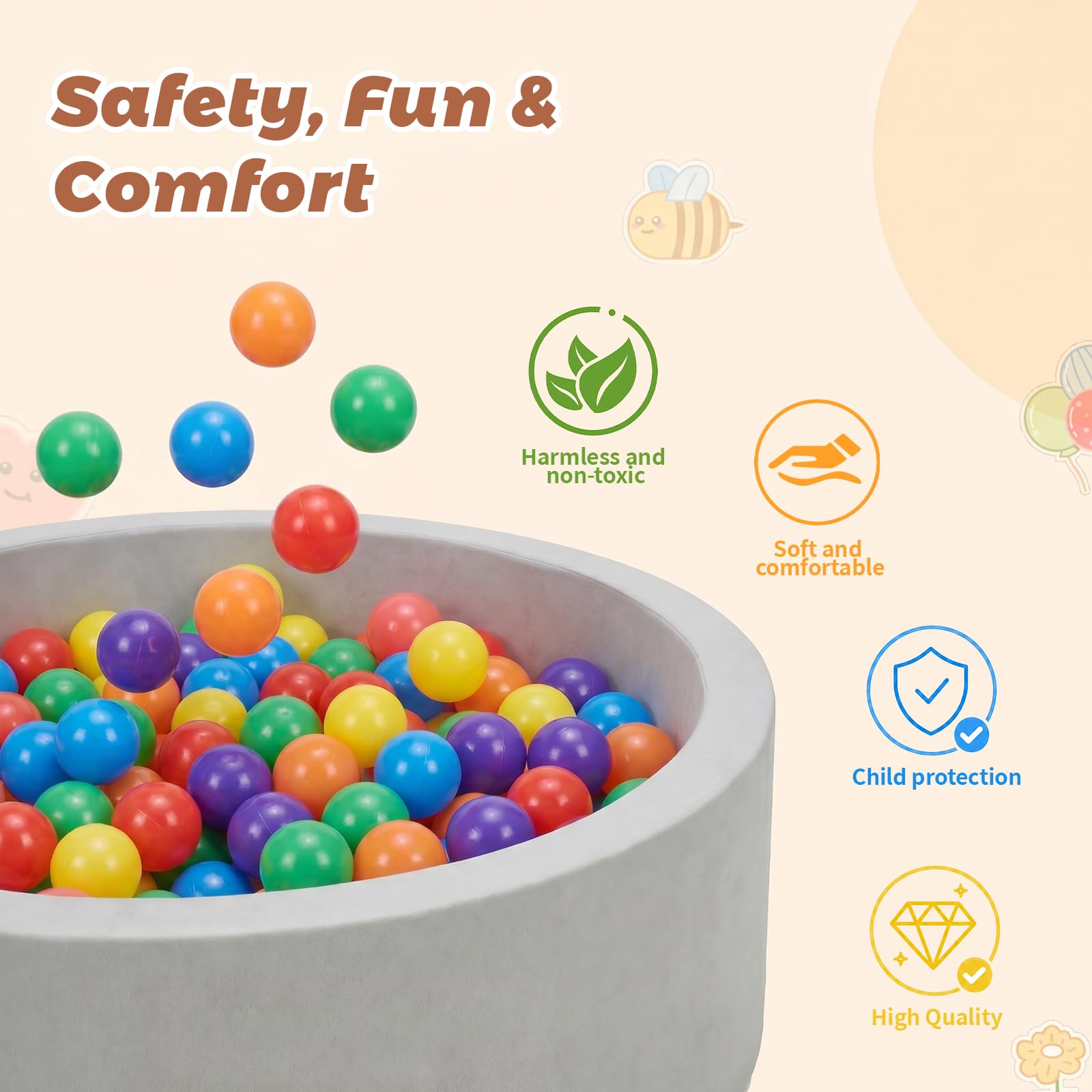 Wilwolfer Piscina con palline per bambini, in schiuma, morbida, rimovibile e lavabile, adatta per bambini piccoli, 85 x 27 cm, con 100 palline colorate per vasca con palline, innocua e durevole